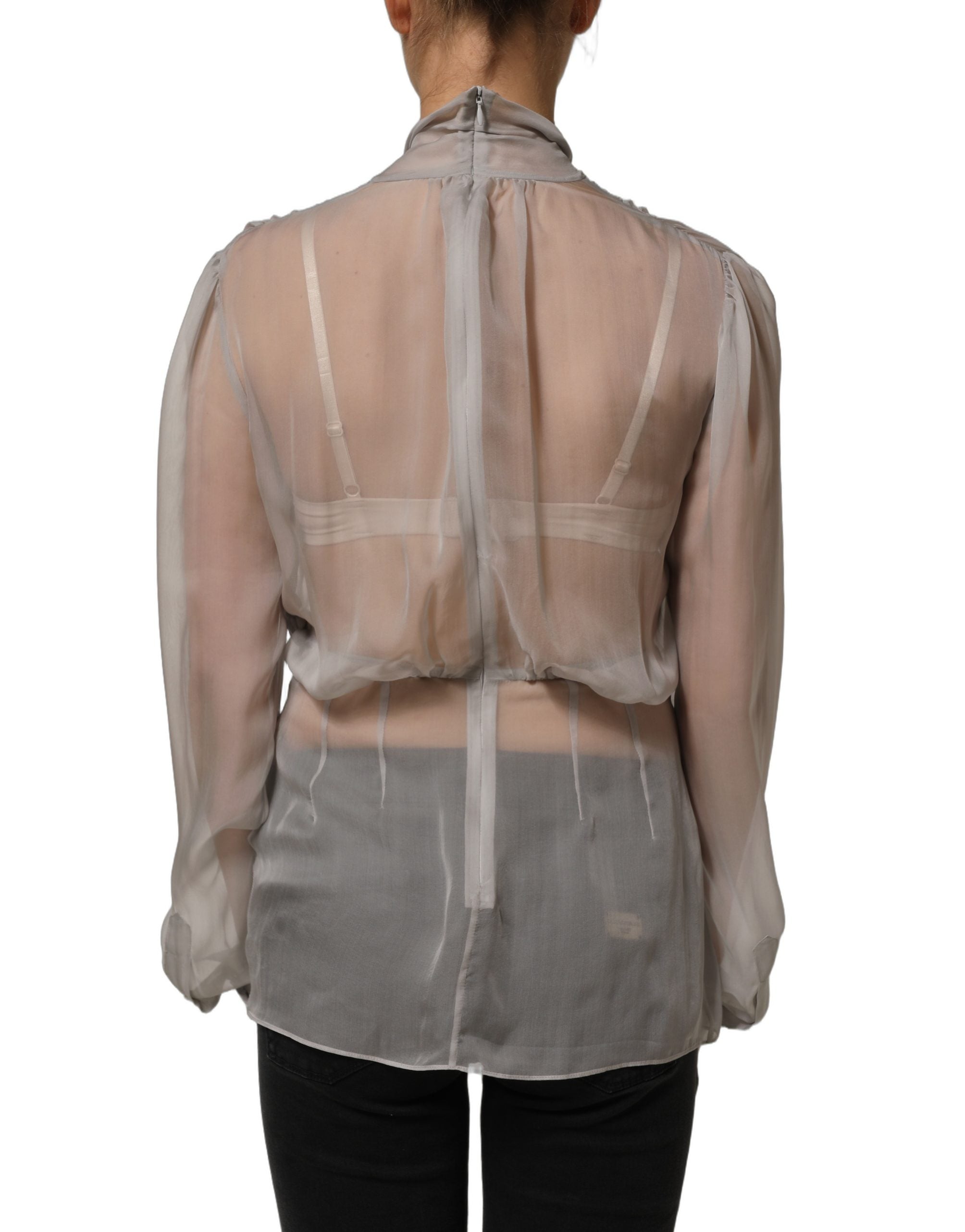 Dolce & Gabbana Gray Sheer Silk Chiffon Shirt Bow Collar Top