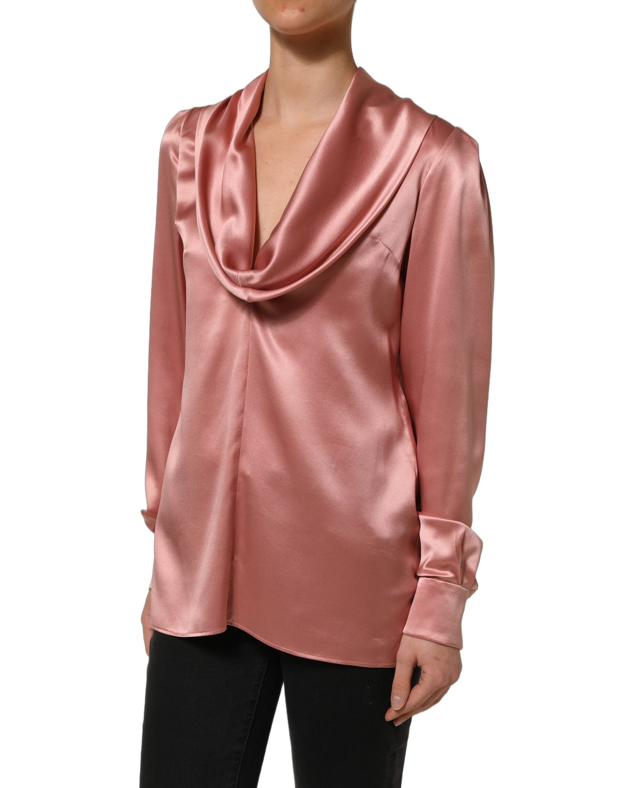 Dolce & Gabbana Pink Satin Silk V-neck Long Sleeves Blouse Top