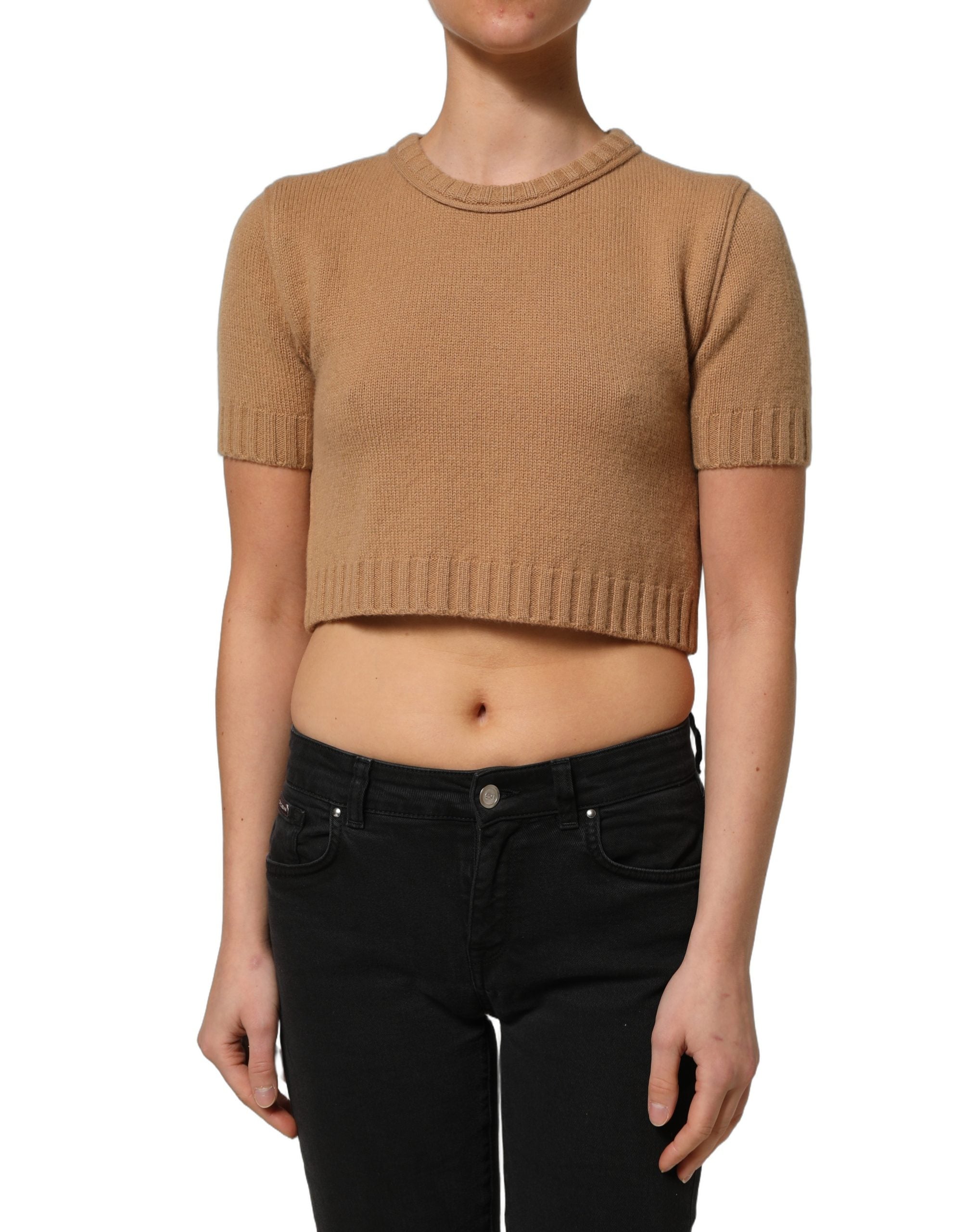 Dolce & Gabbana Brown Wool Short Sleeves Cropped Blouse Top