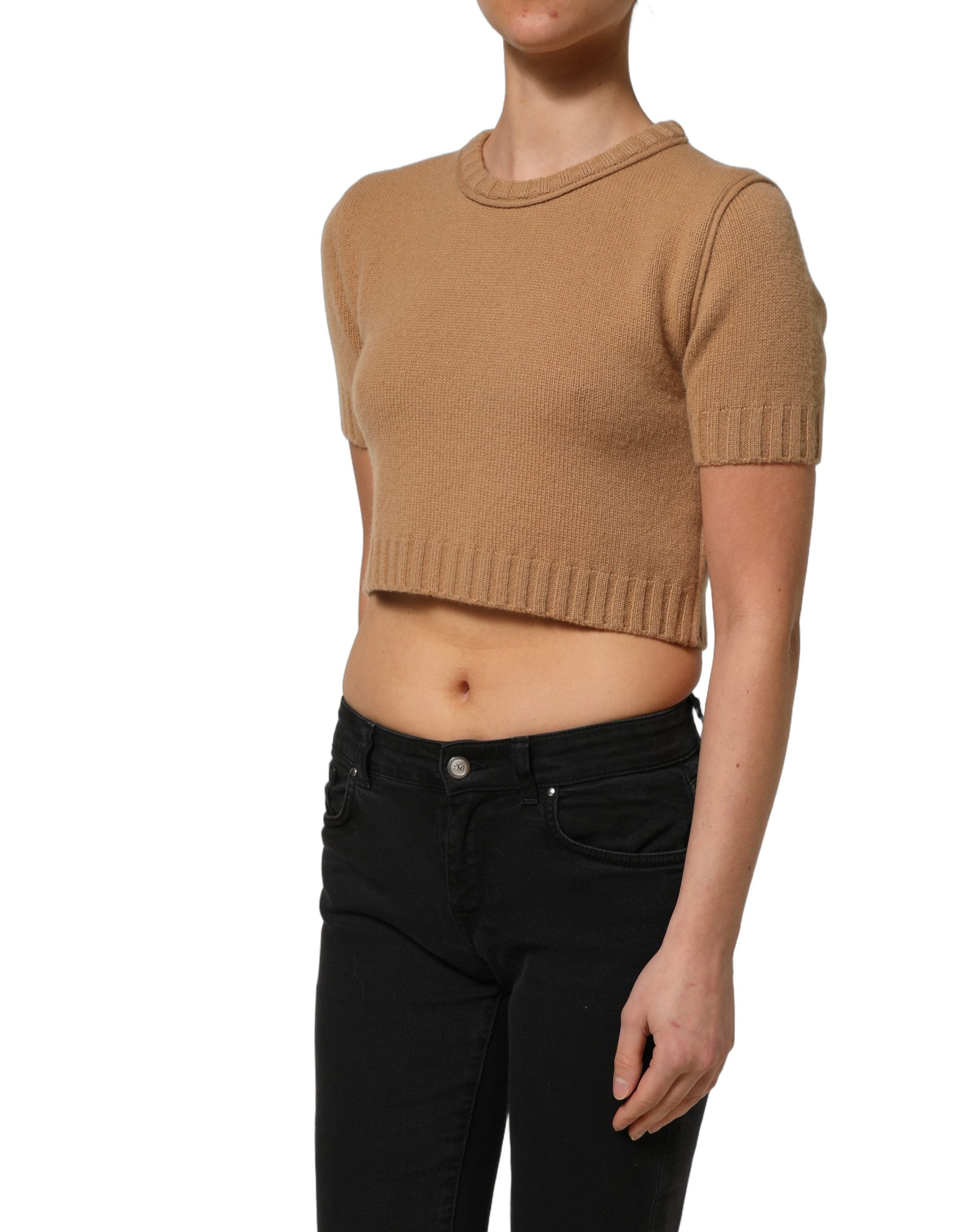Dolce & Gabbana Brown Wool Short Sleeves Cropped Blouse Top