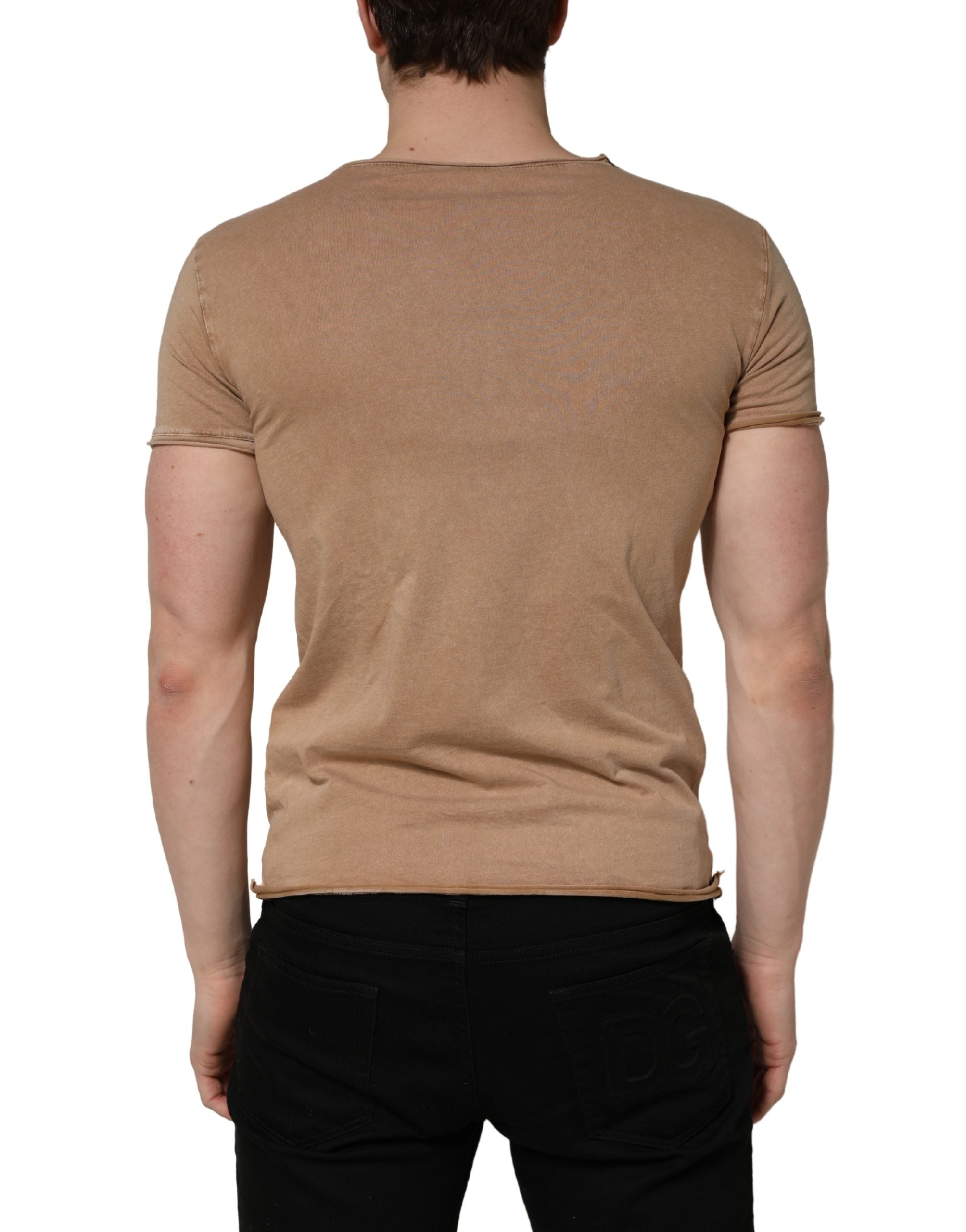 Dolce & Gabbana Brown Cotton Logo Patch Round Neck T-shirt
