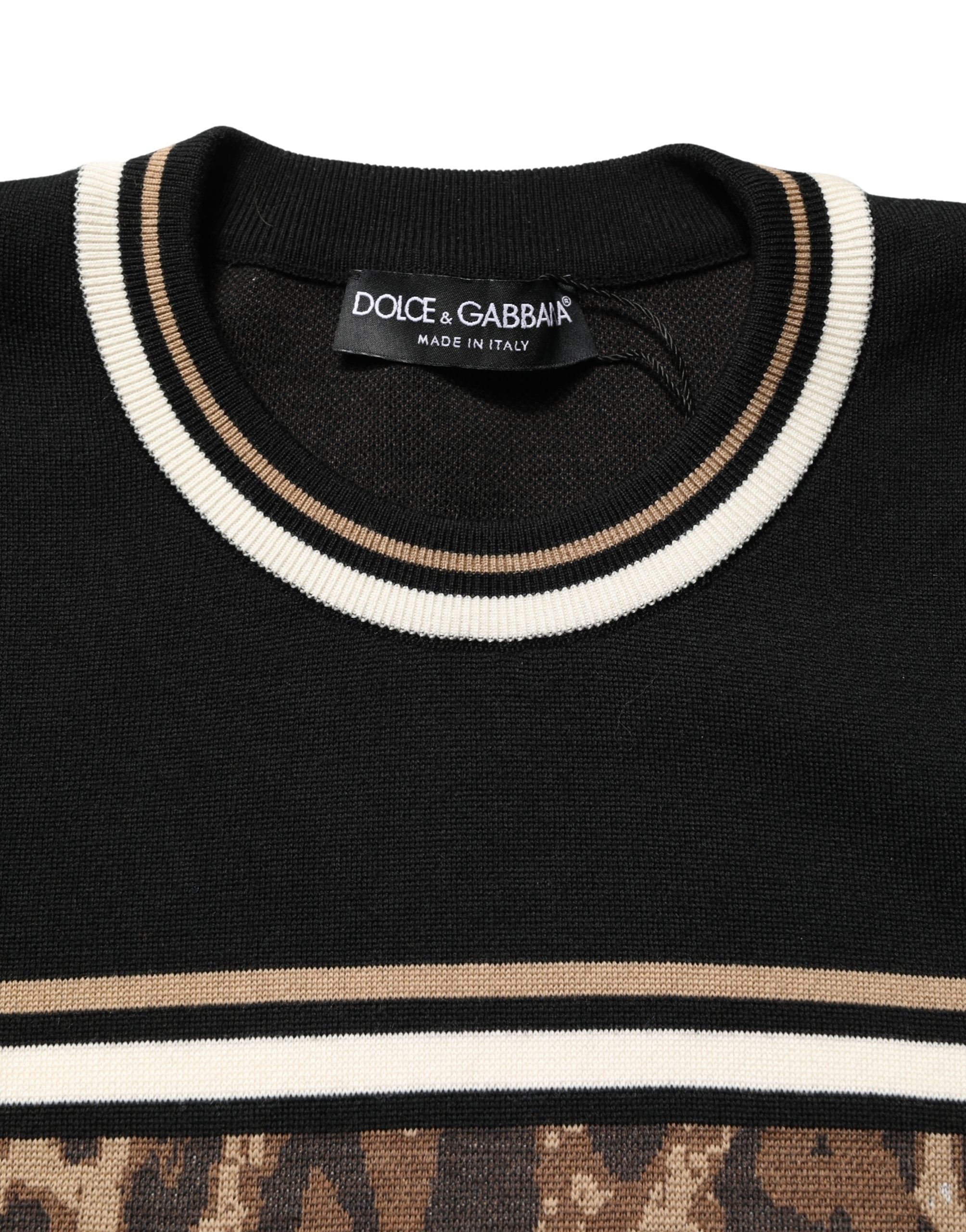 Dolce & Gabbana Black Leopard Wool Crew Neck Men Pullover Sweater