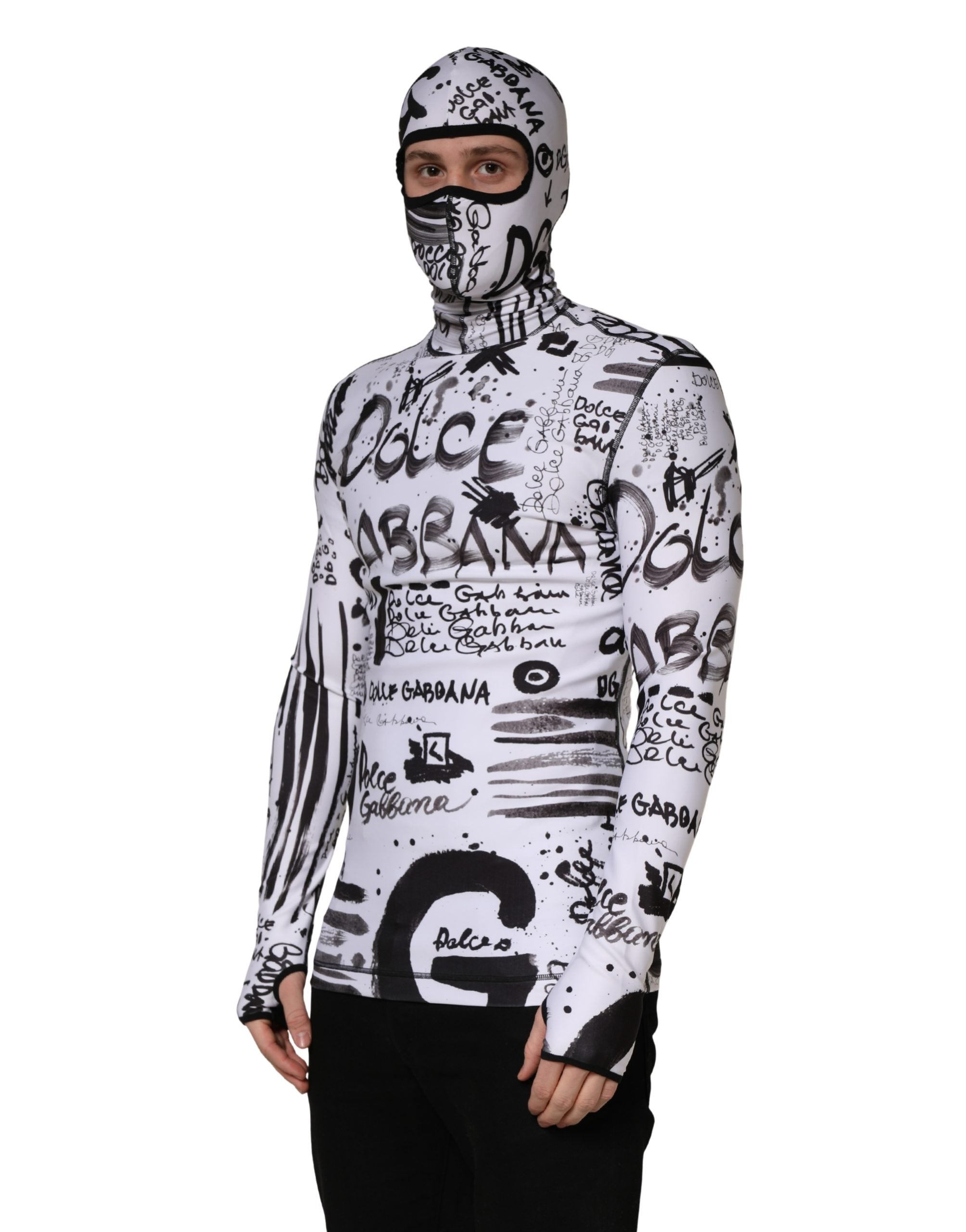 Dolce & Gabbana White Jersey Graffiti Print Balaclava Hood Sweater