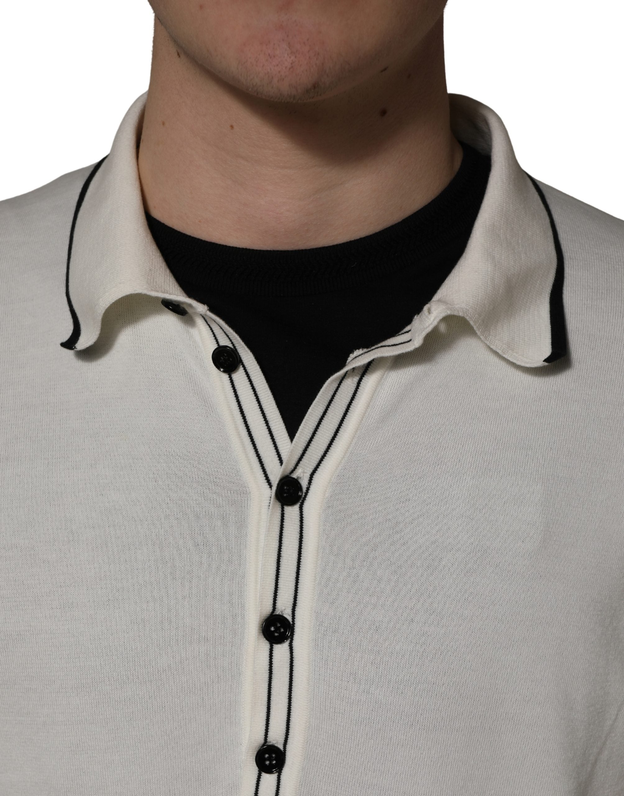 Dolce & Gabbana White Cotton Blend Men Polo Pullover Sweater