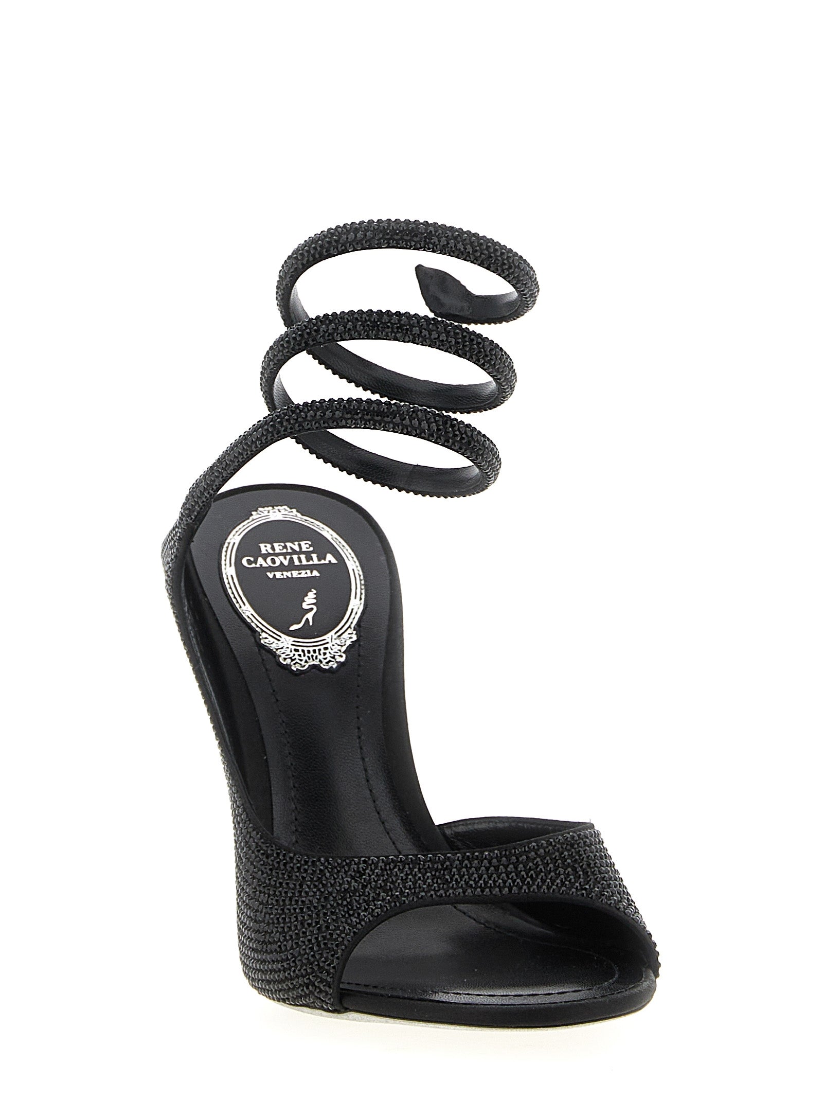 RENE CAOVILLA Black Satin Stiletto Heel Sandals