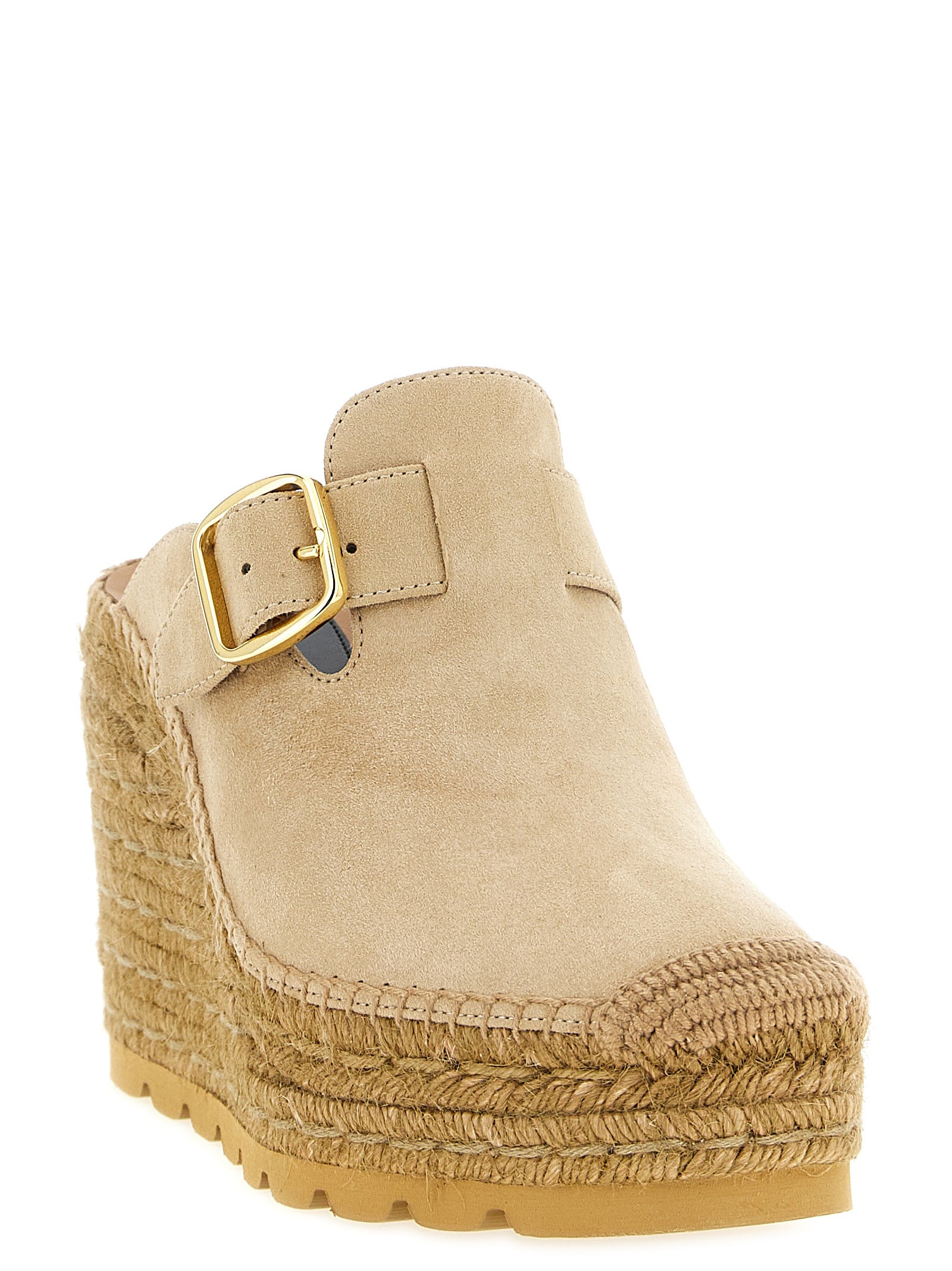 Stella McCartney Beige Raffia Platform Wedge Clogs