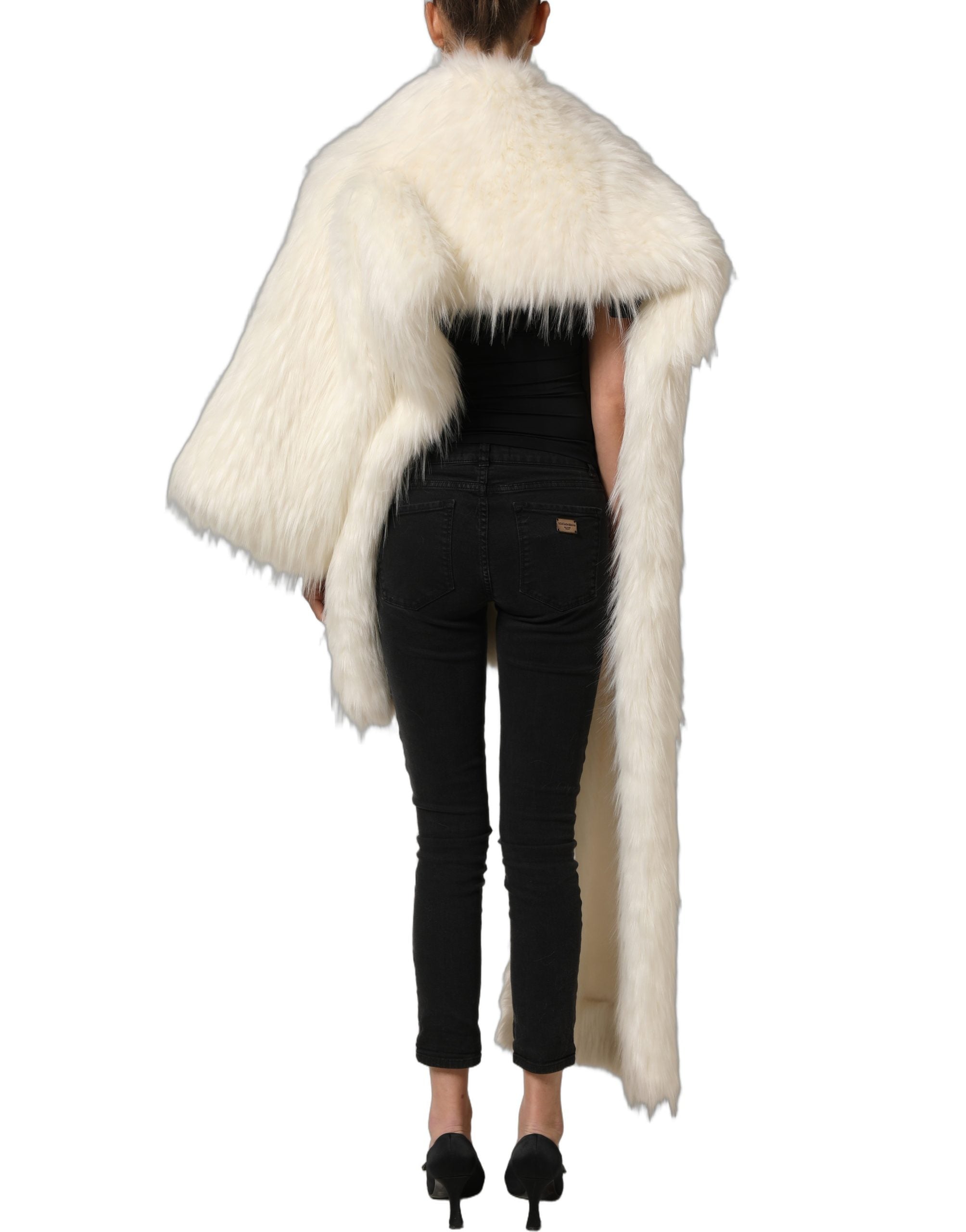 Dolce & Gabbana White Faux Fur Long Sleeves Coat Jacket
