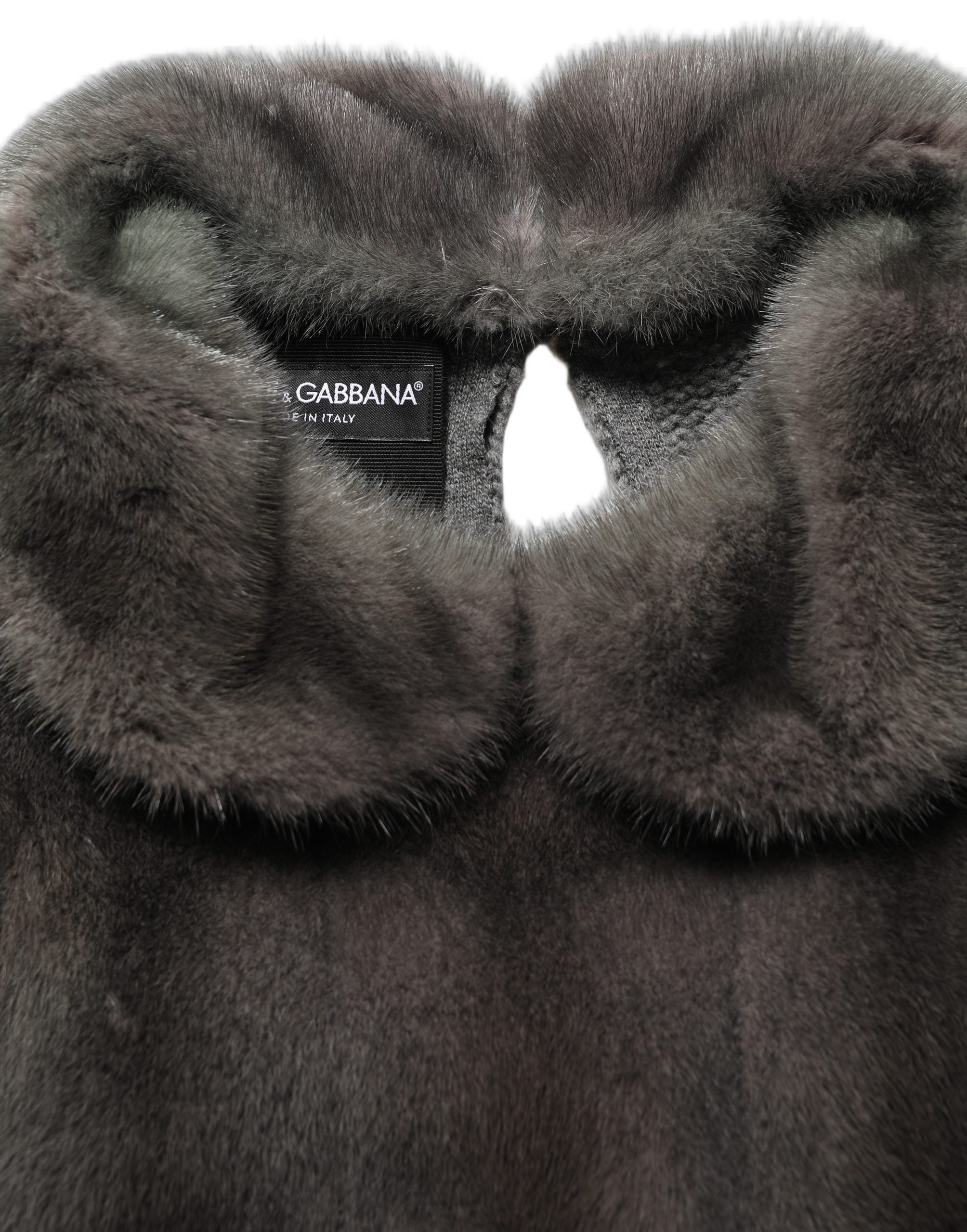 Dolce & Gabbana Dark Gray Mink Fur Round Collar Blouse Top