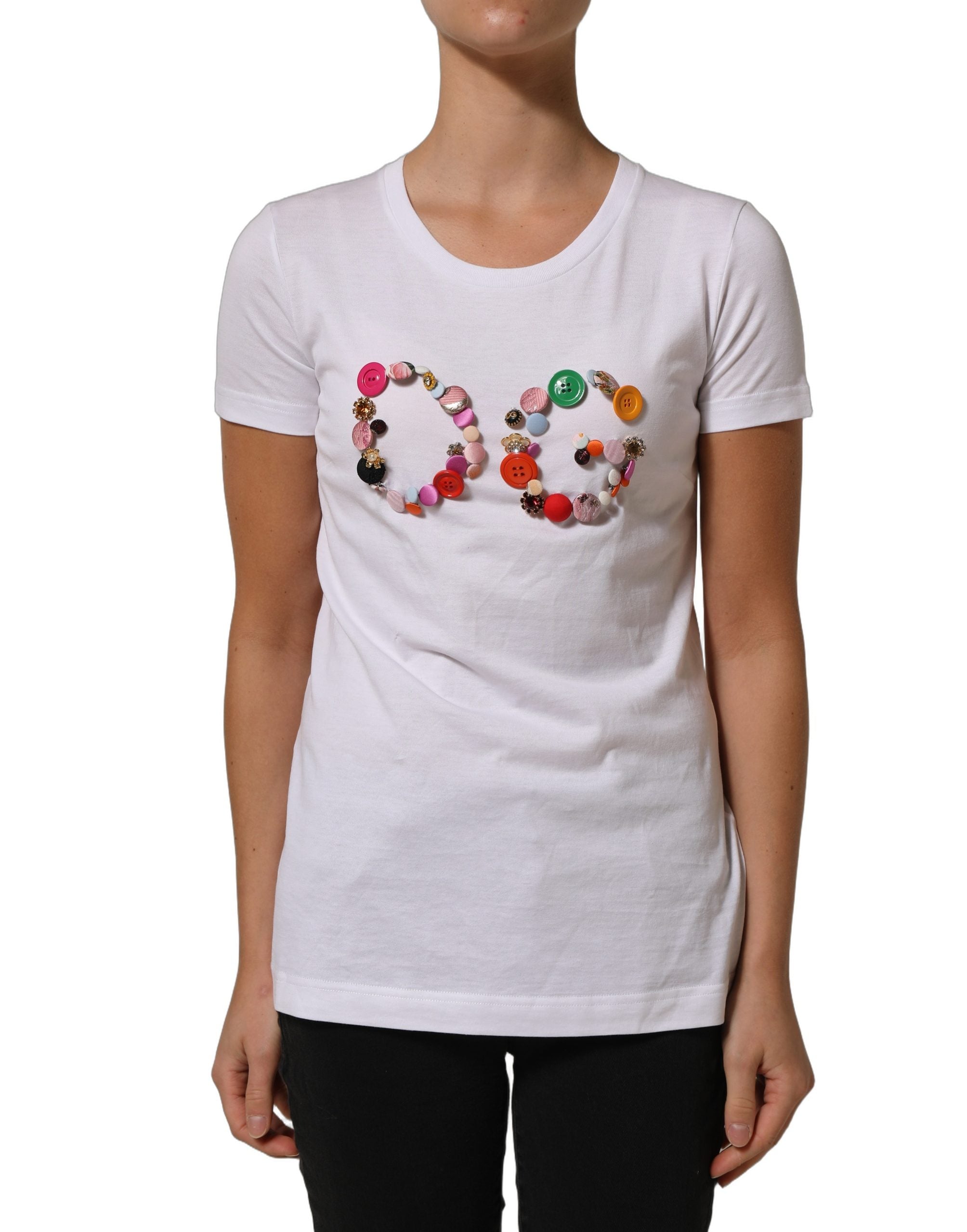 Dolce & Gabbana White DG Logo Embellished Round Neck T-shirt
