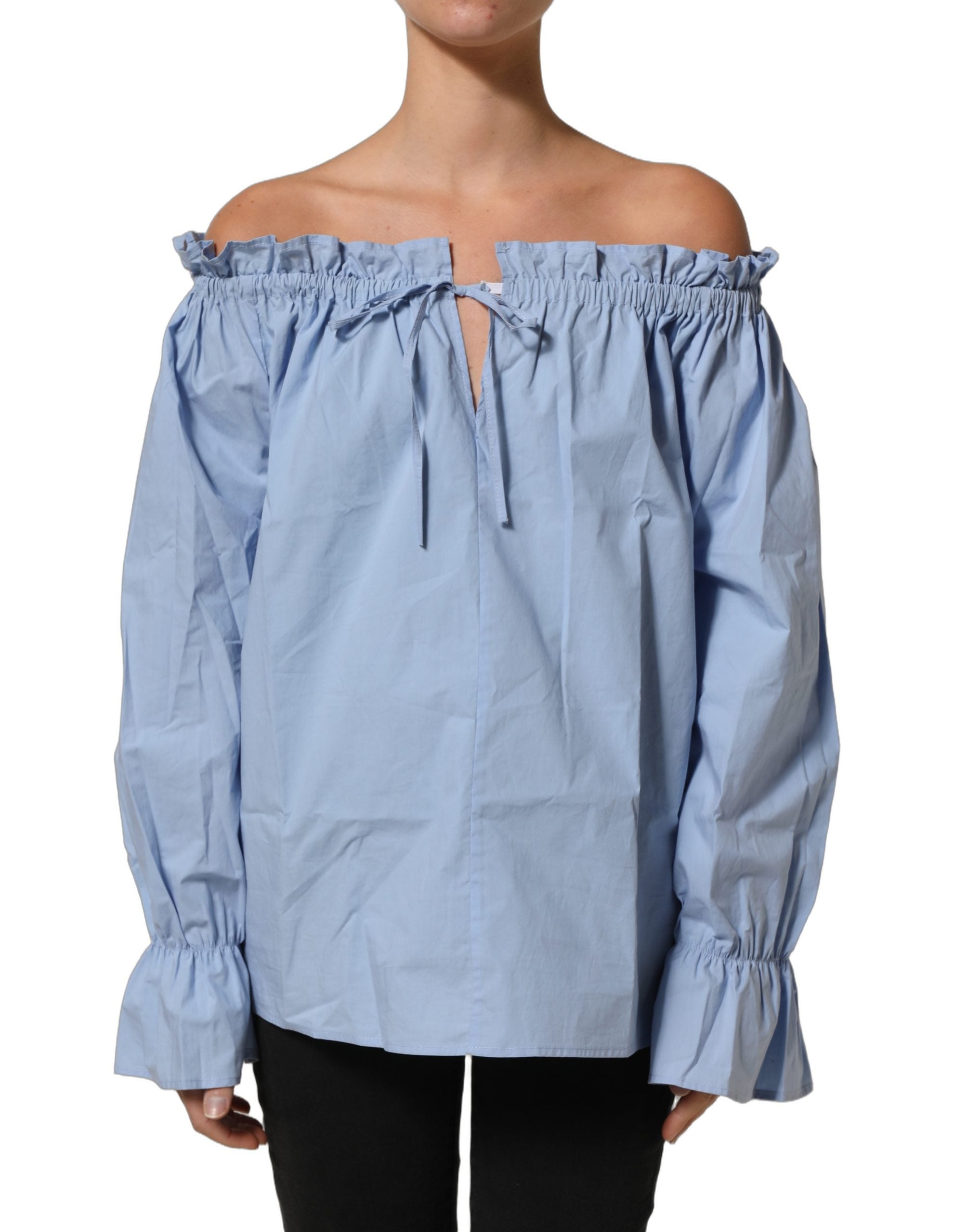 L'Autre Chose Light Blue Cotton Off Shoulder Long Sleeves Top
