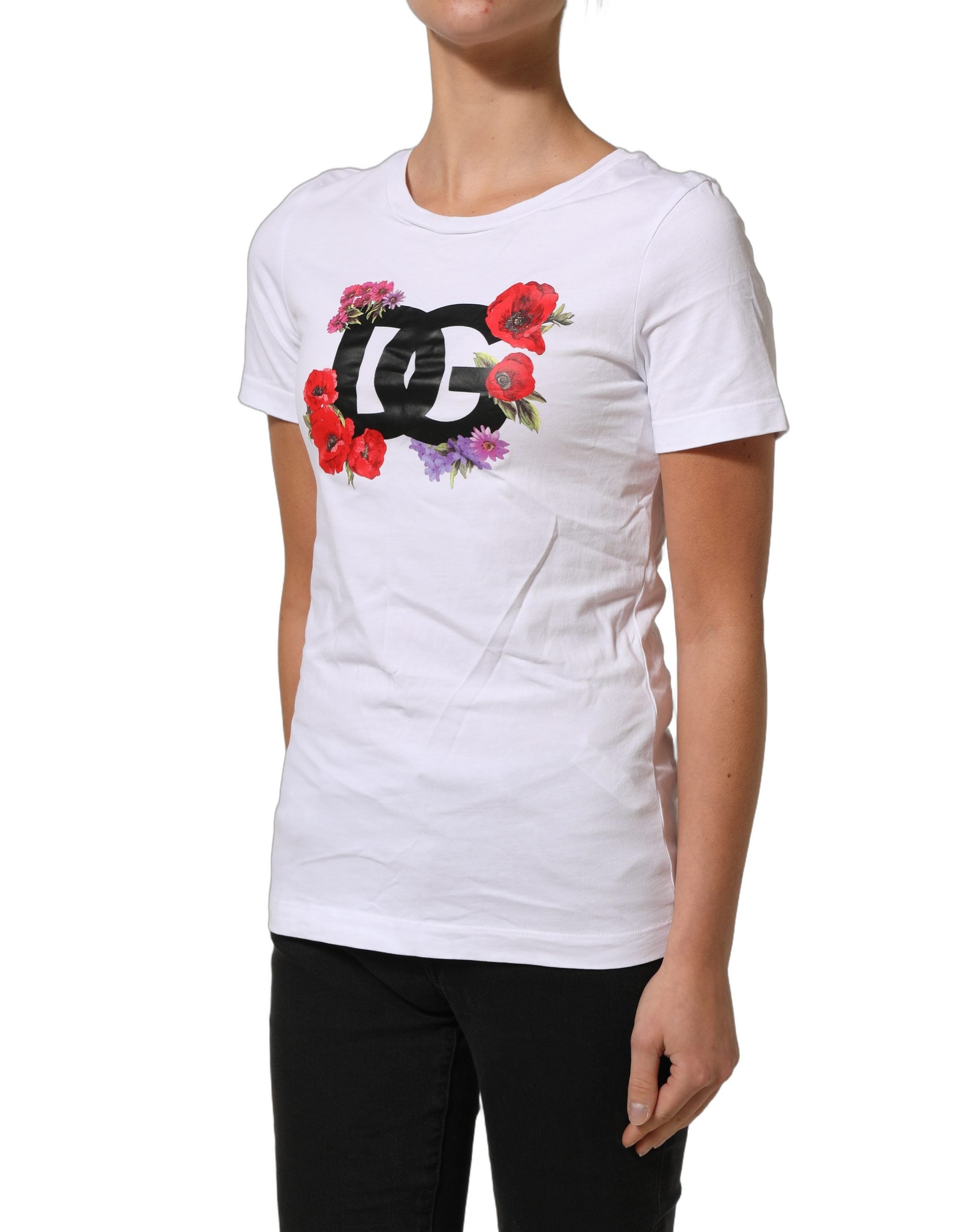 Dolce & Gabbana White Floral Logo Cotton Round Neck T-shirt