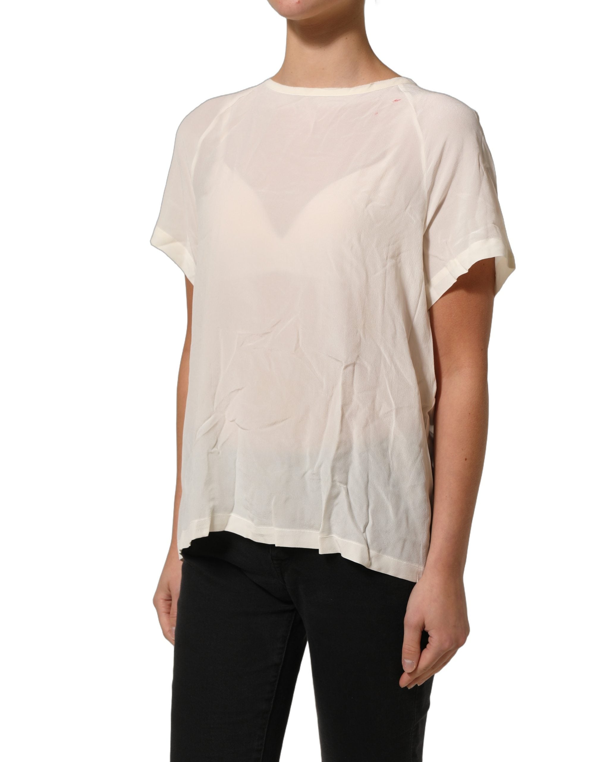PINKO Off White Silk Sheer Round Neck Short Sleeves Blouse Top