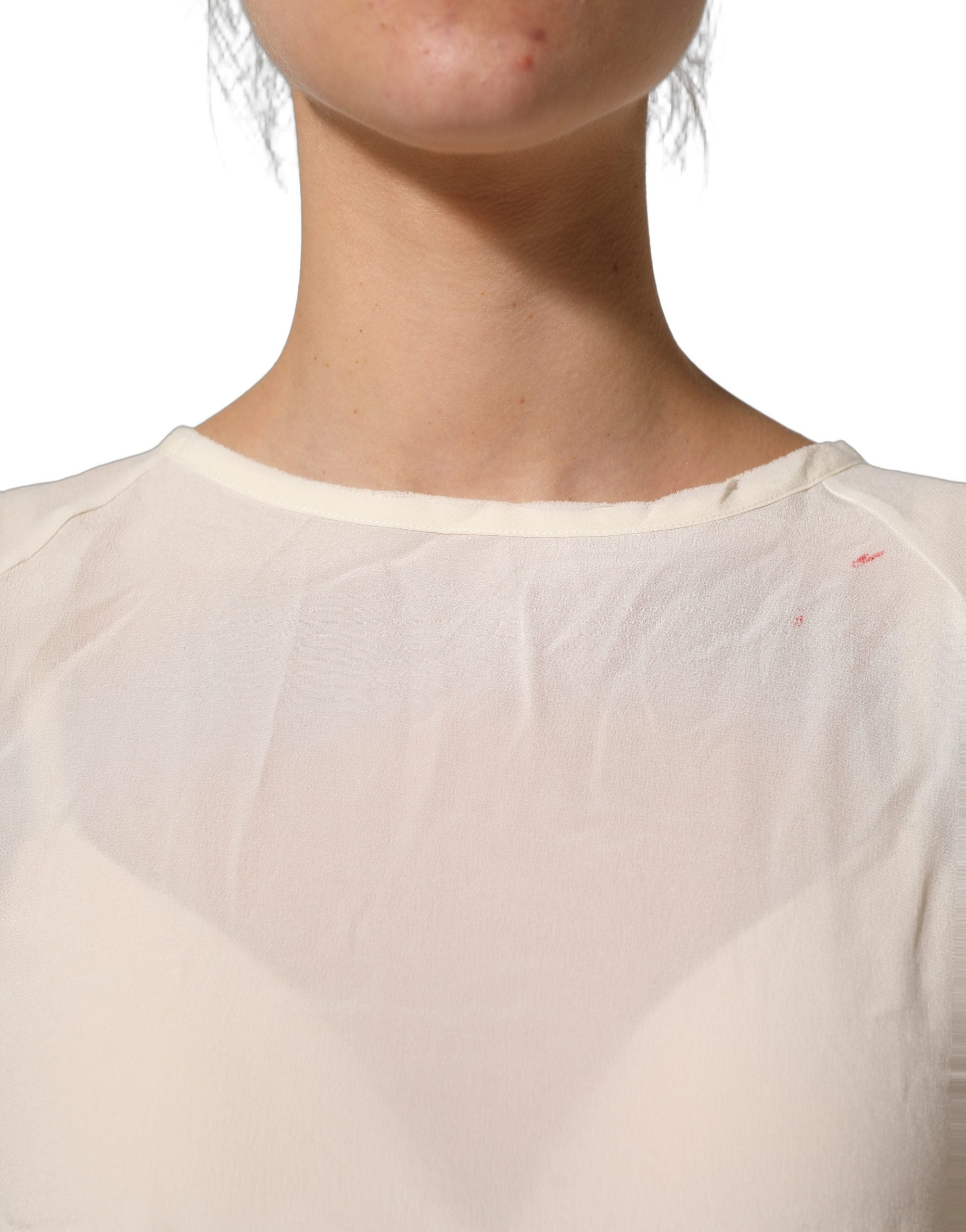 PINKO Off White Silk Sheer Round Neck Short Sleeves Blouse Top