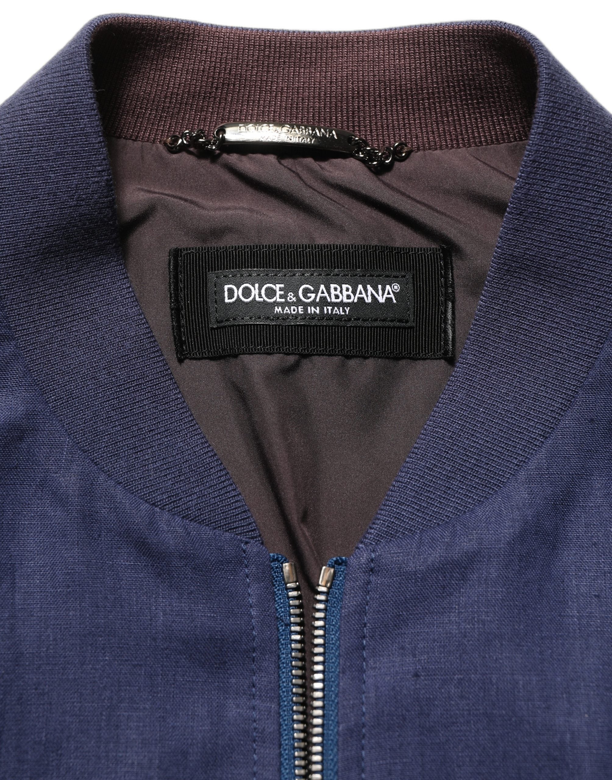 Dolce & Gabbana Blue Linen Full Zip Men Bomber Jacket