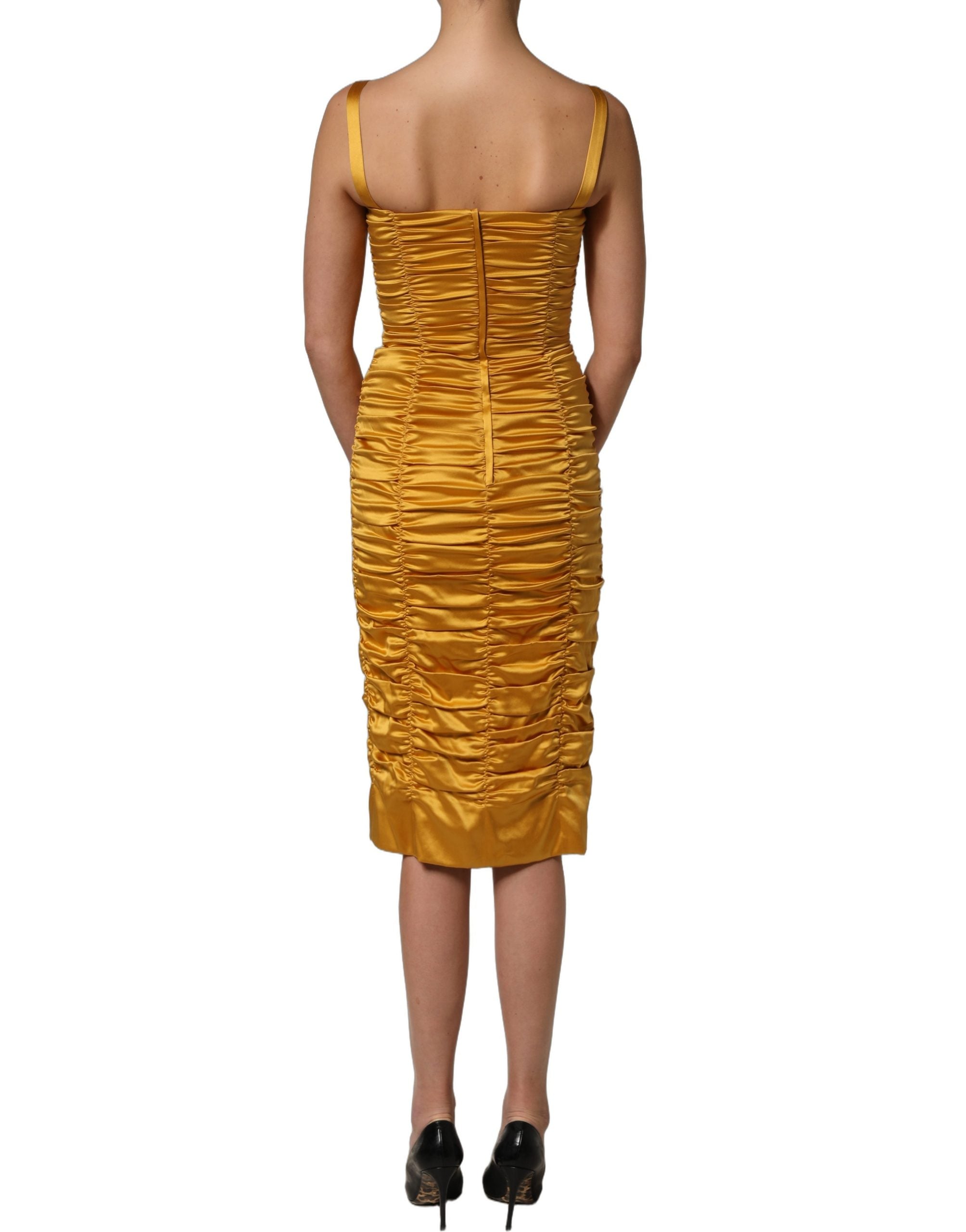 Dolce & Gabbana Gold Silk Ruched Bodycon Sheath Midi Dress
