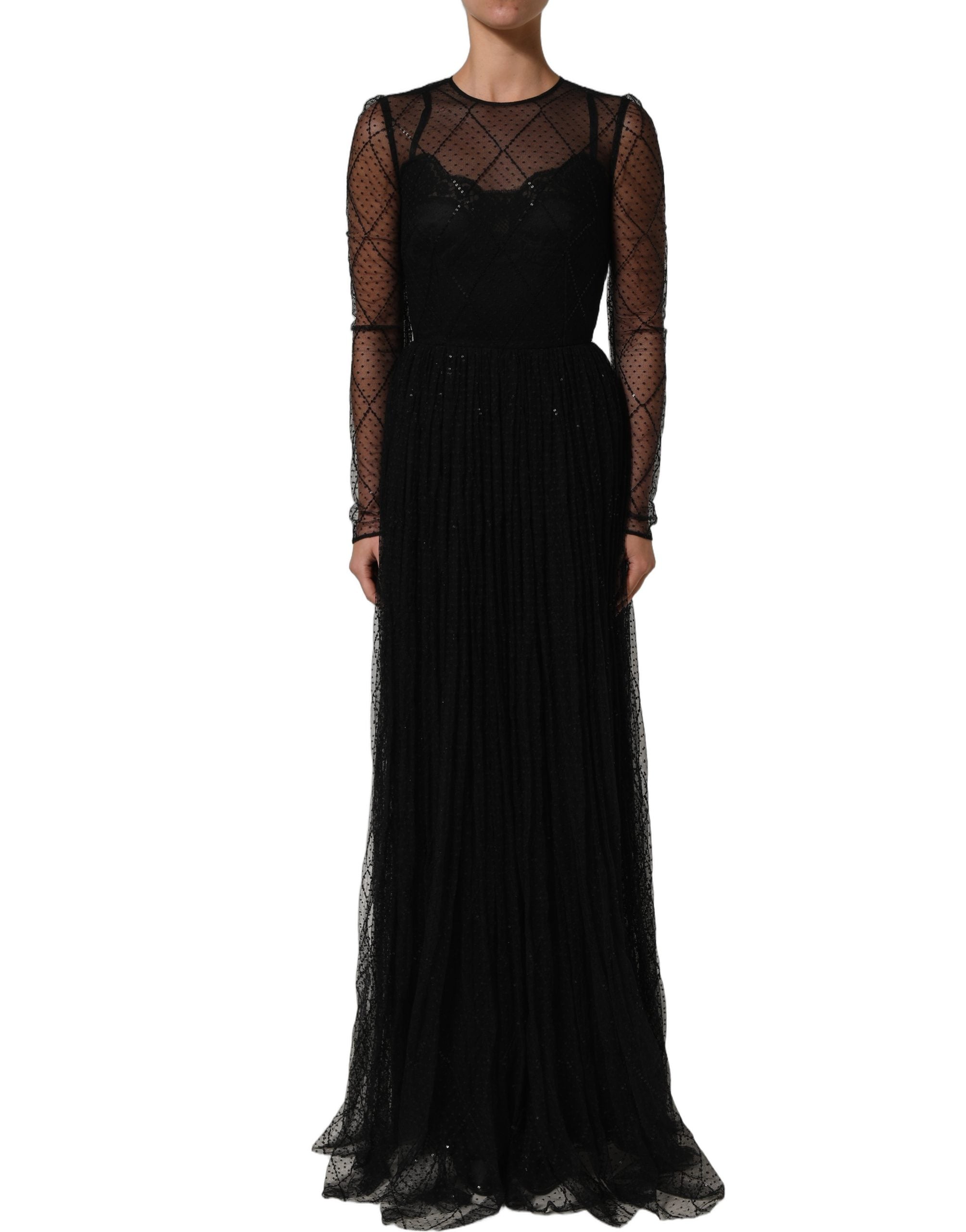 Dolce & Gabbana Black Mesh Lace Long Sleeved Maxi Gown Dress