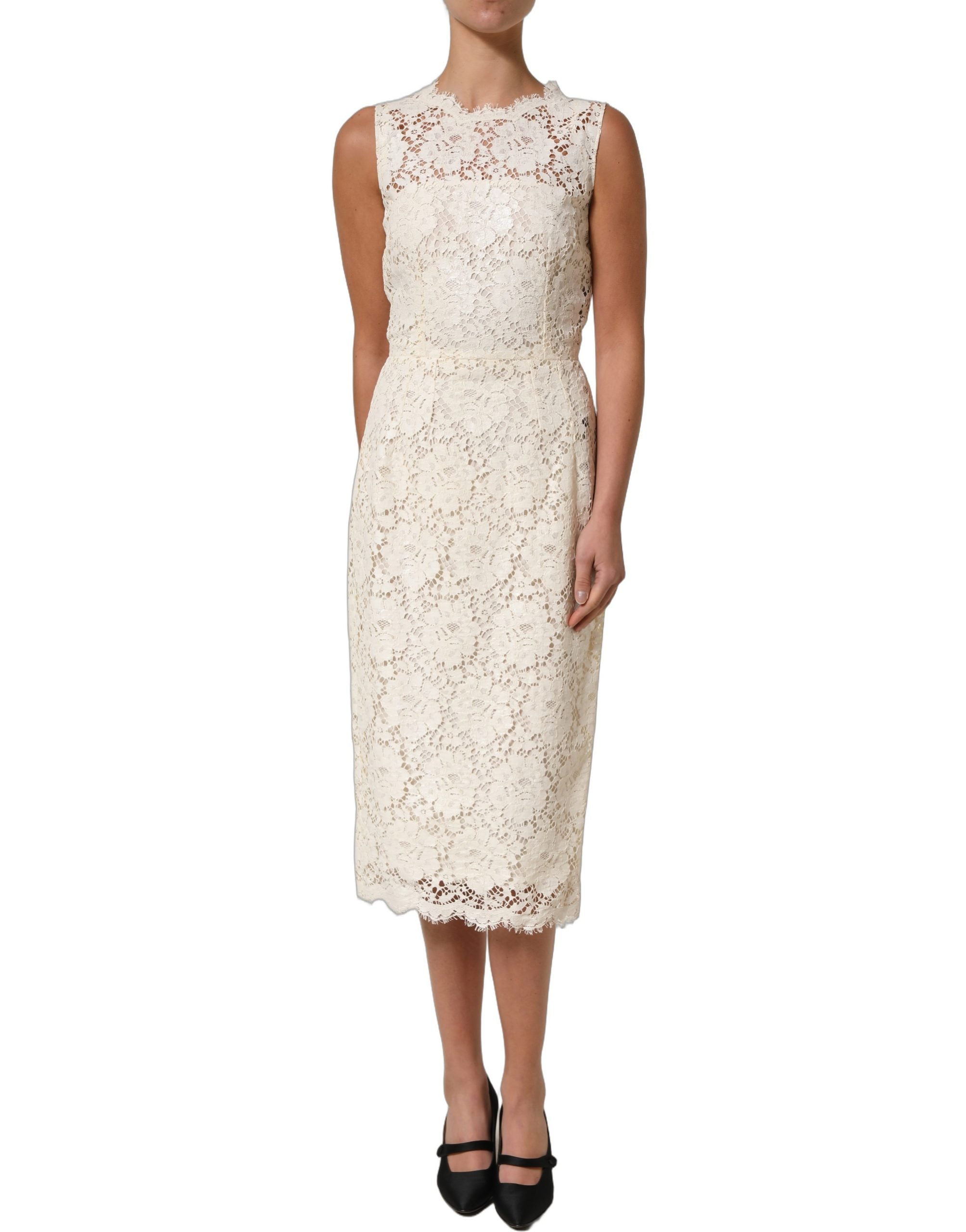 Dolce & Gabbana White Cotton Corded Lace Sleeveless Midi Dress