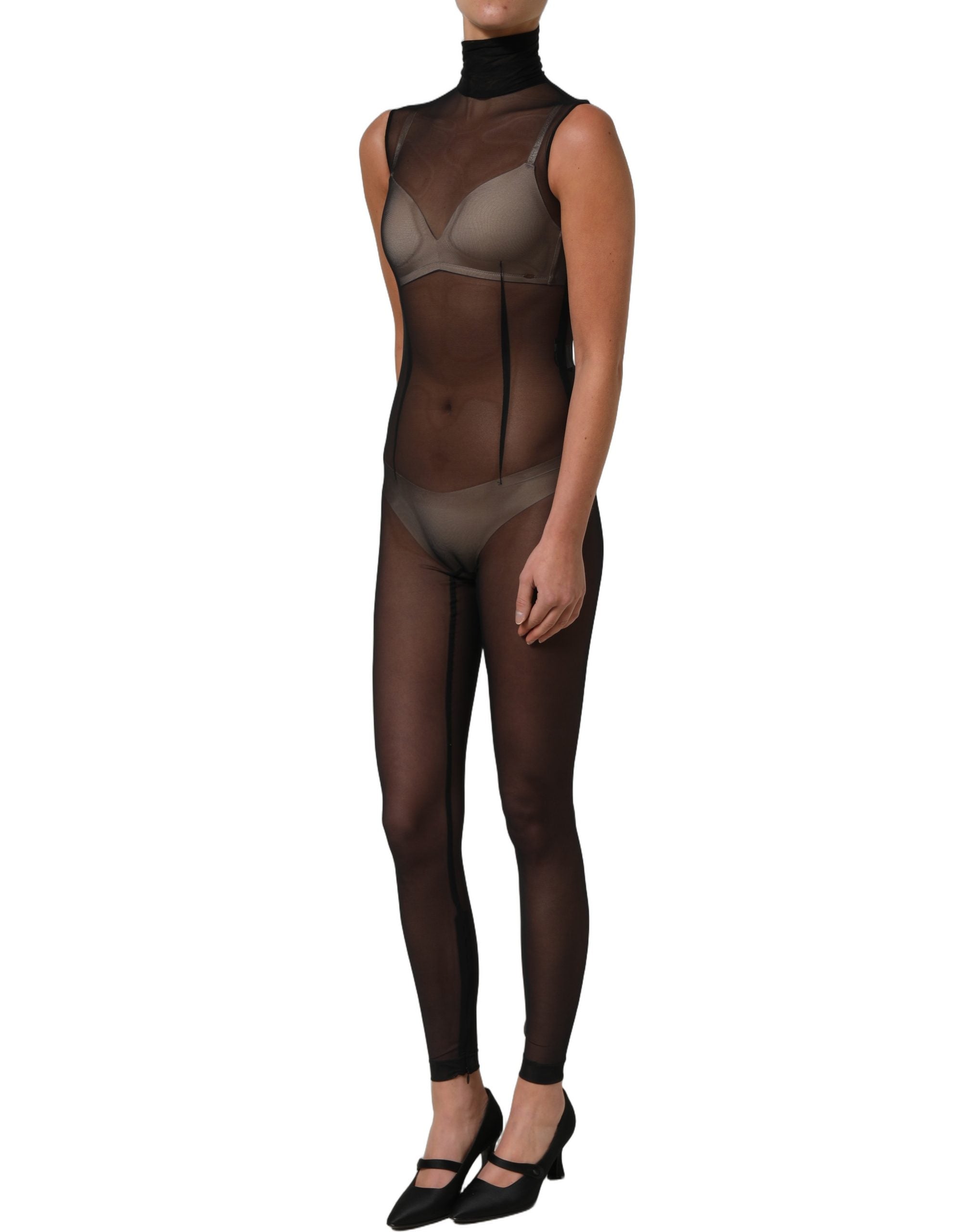 Dolce & Gabbana Black Sheer Mesh Jumpsuit Turtleneck