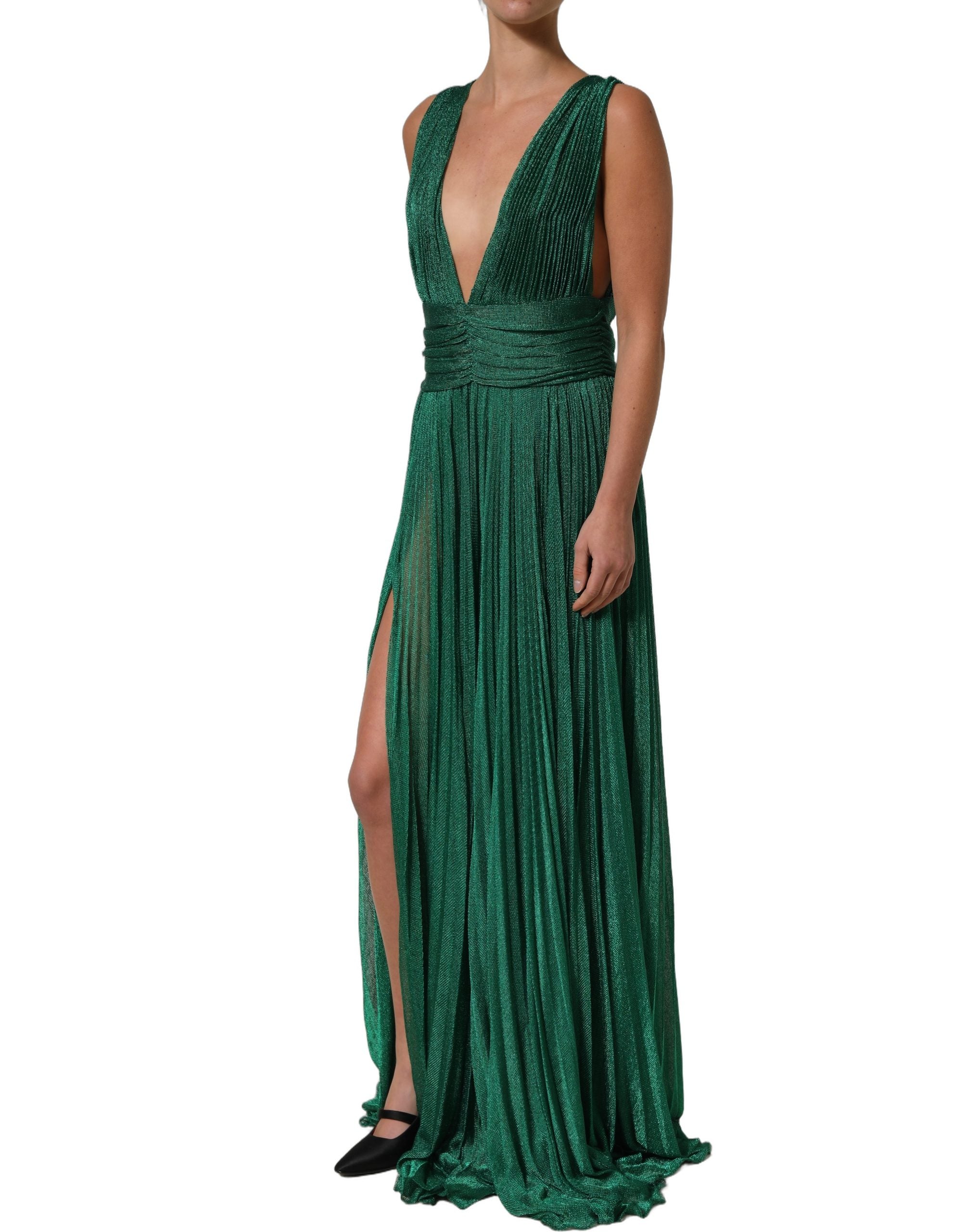 Dolce & Gabbana Metallic Green Sleeveless Plissé Gown Dress