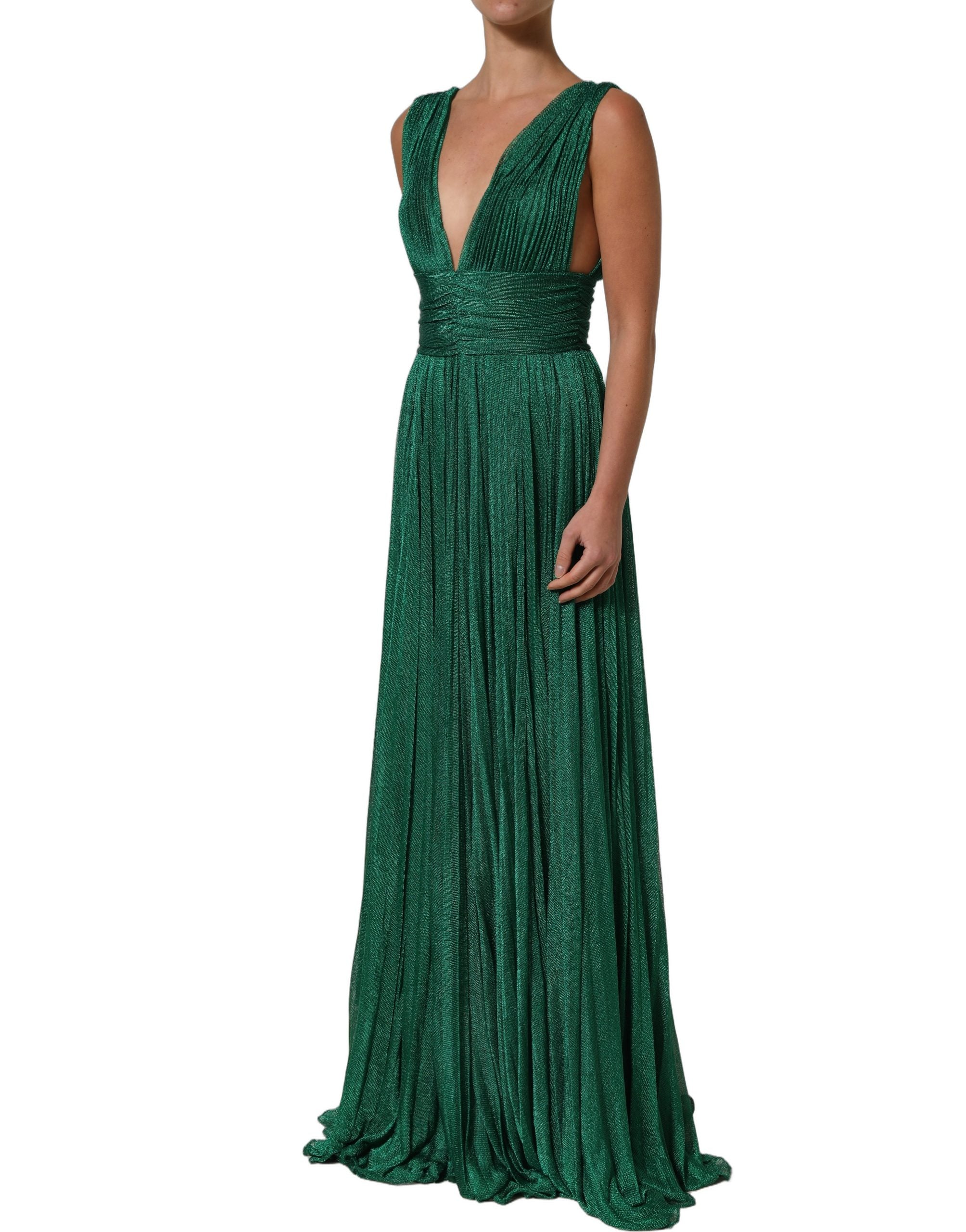 Dolce & Gabbana Metallic Green Sleeveless Plissé Gown Dress