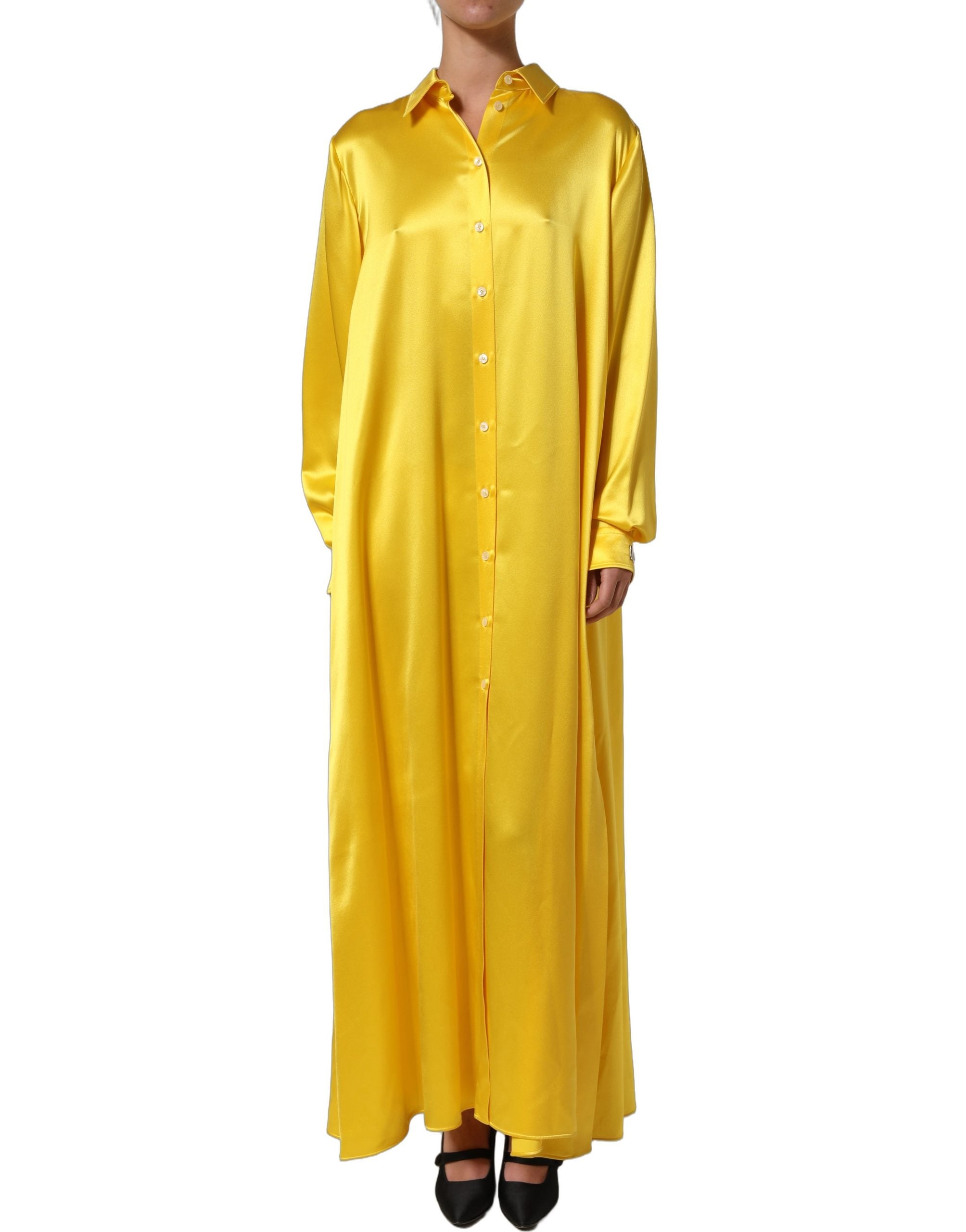 Dolce & Gabbana Yellow Silk Collared Button Down Maxi Dress
