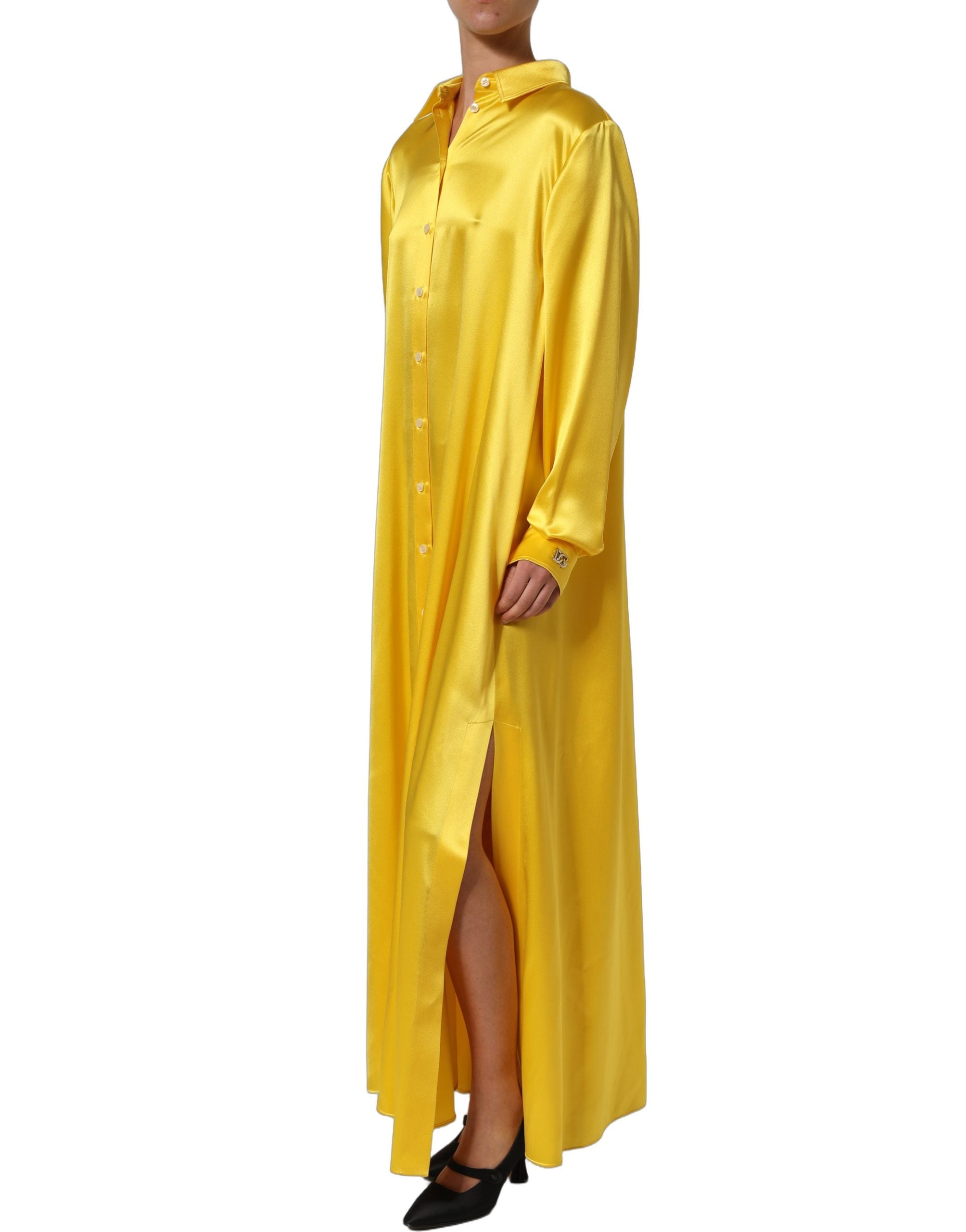 Dolce & Gabbana Yellow Silk Collared Button Down Maxi Dress
