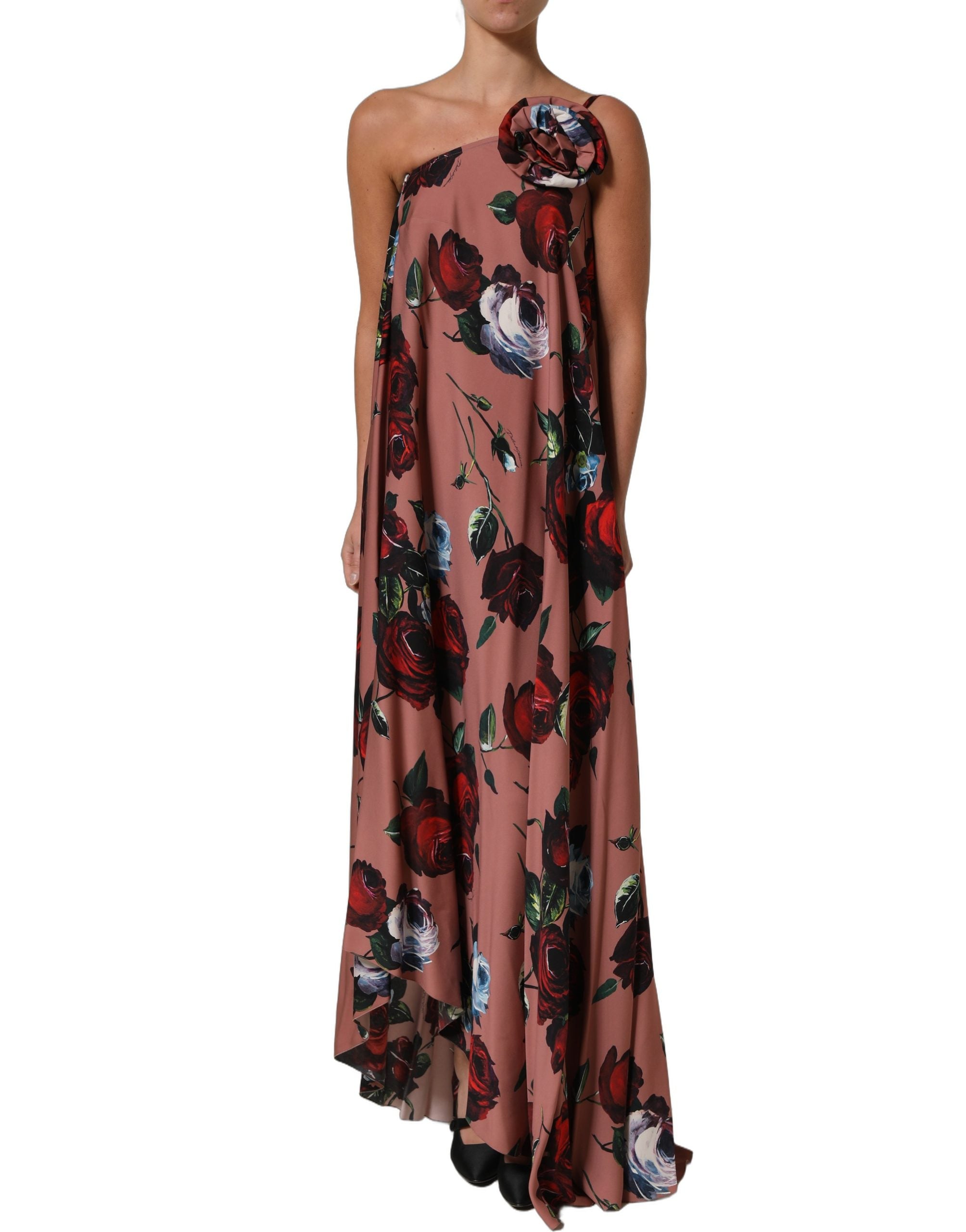 Dolce & Gabbana Dusty Pink Silk Floral OneShoulder Maxi Dress