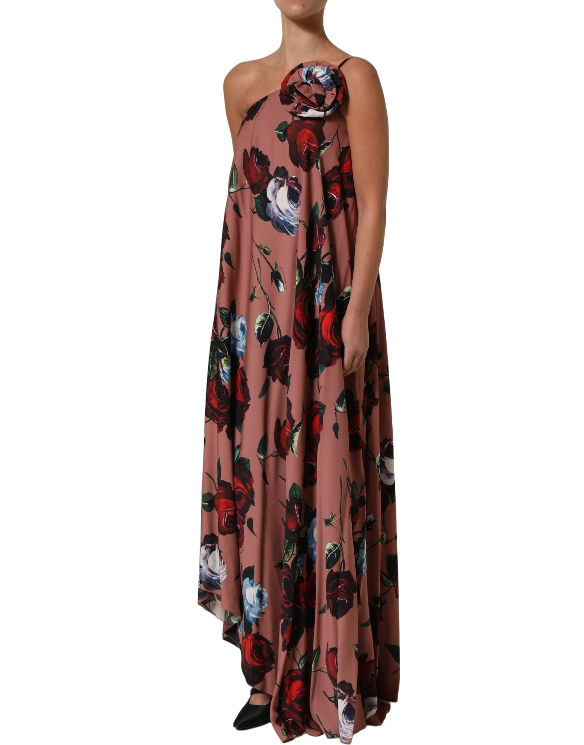 Dolce & Gabbana Dusty Pink Silk Floral OneShoulder Maxi Dress