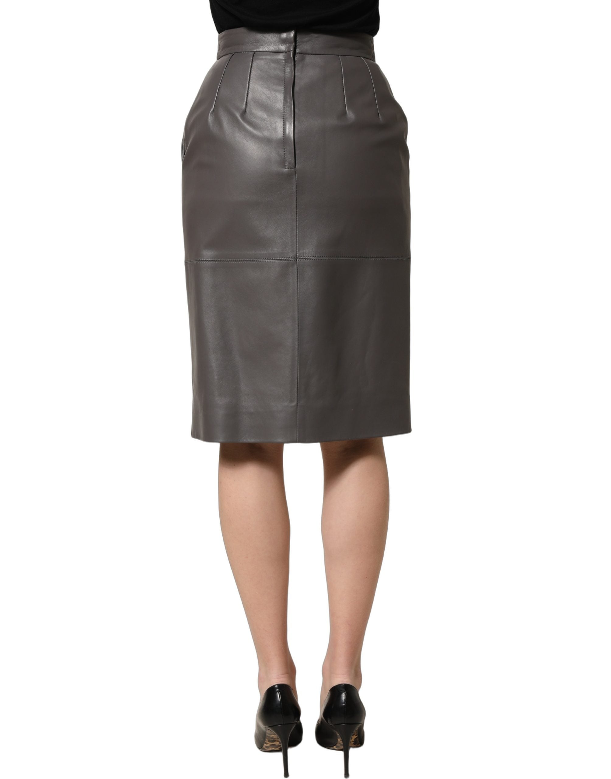 Dolce & Gabbana Gray Leather High Waist Pencil Cut Midi Skirt