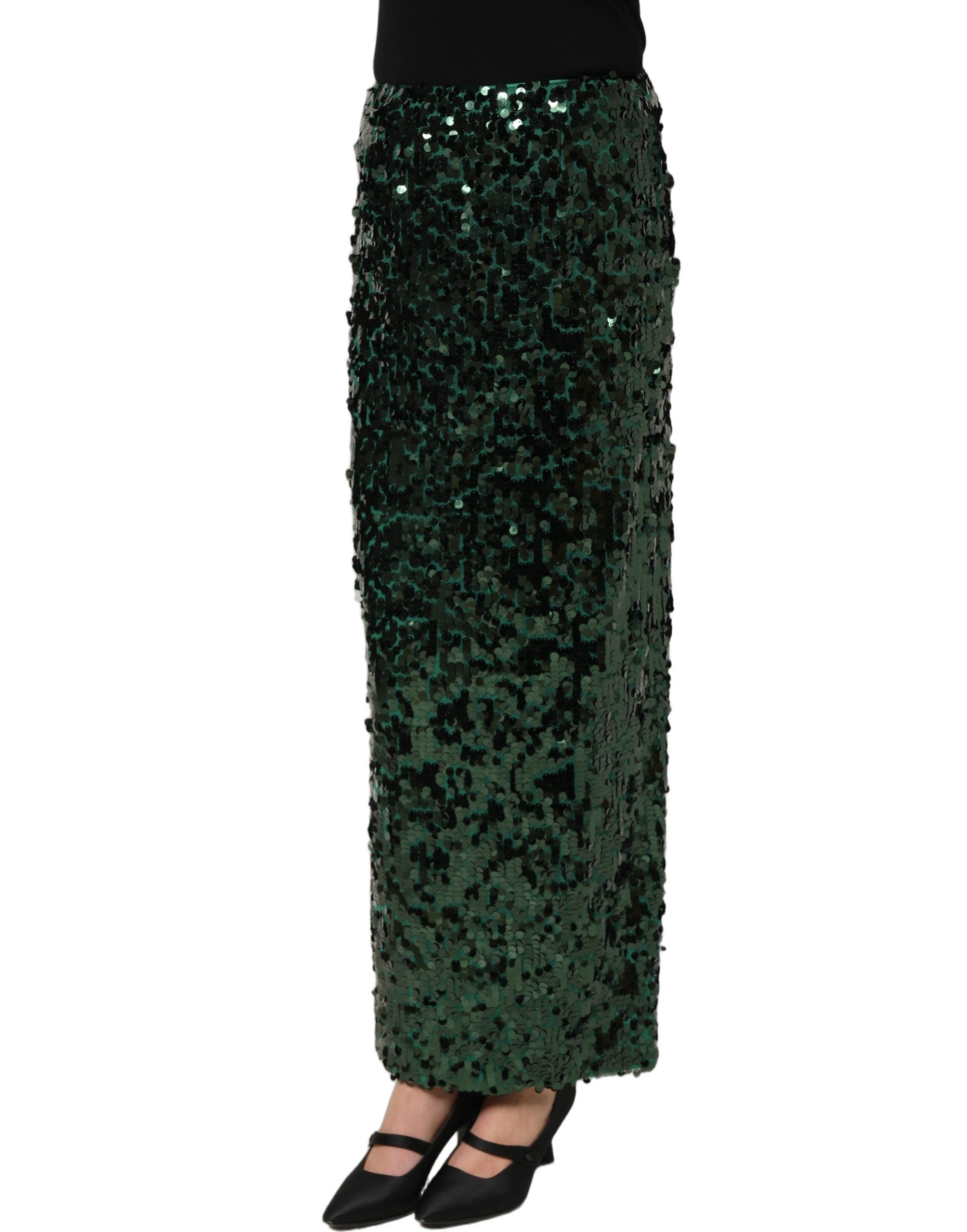 Dolce & Gabbana Green Sequin High Waist Pencil Cut Midi Skirt