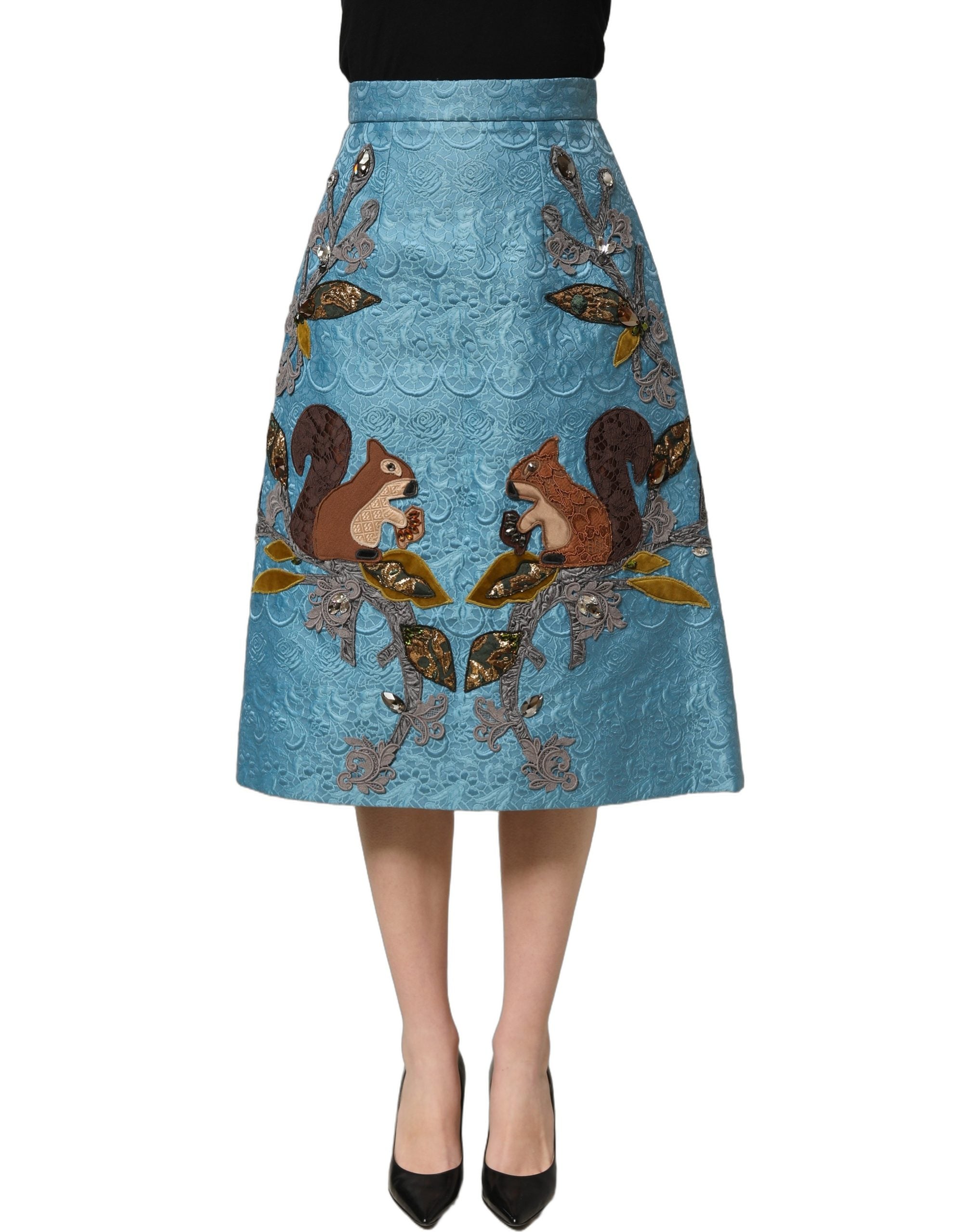 Dolce & Gabbana Blue Jacquard Embroidered A-line Midi Skirt