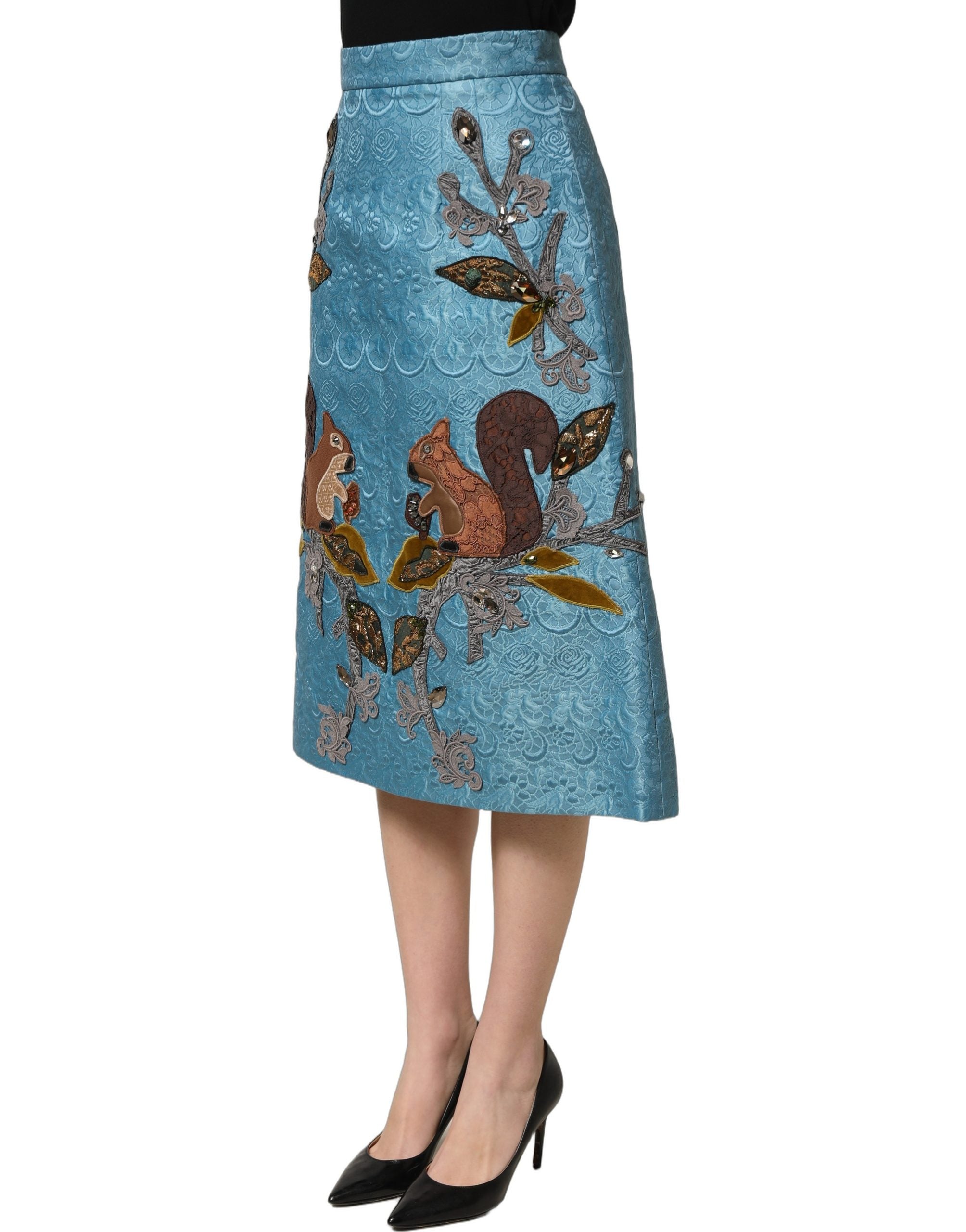 Dolce & Gabbana Blue Jacquard Embroidered A-line Midi Skirt