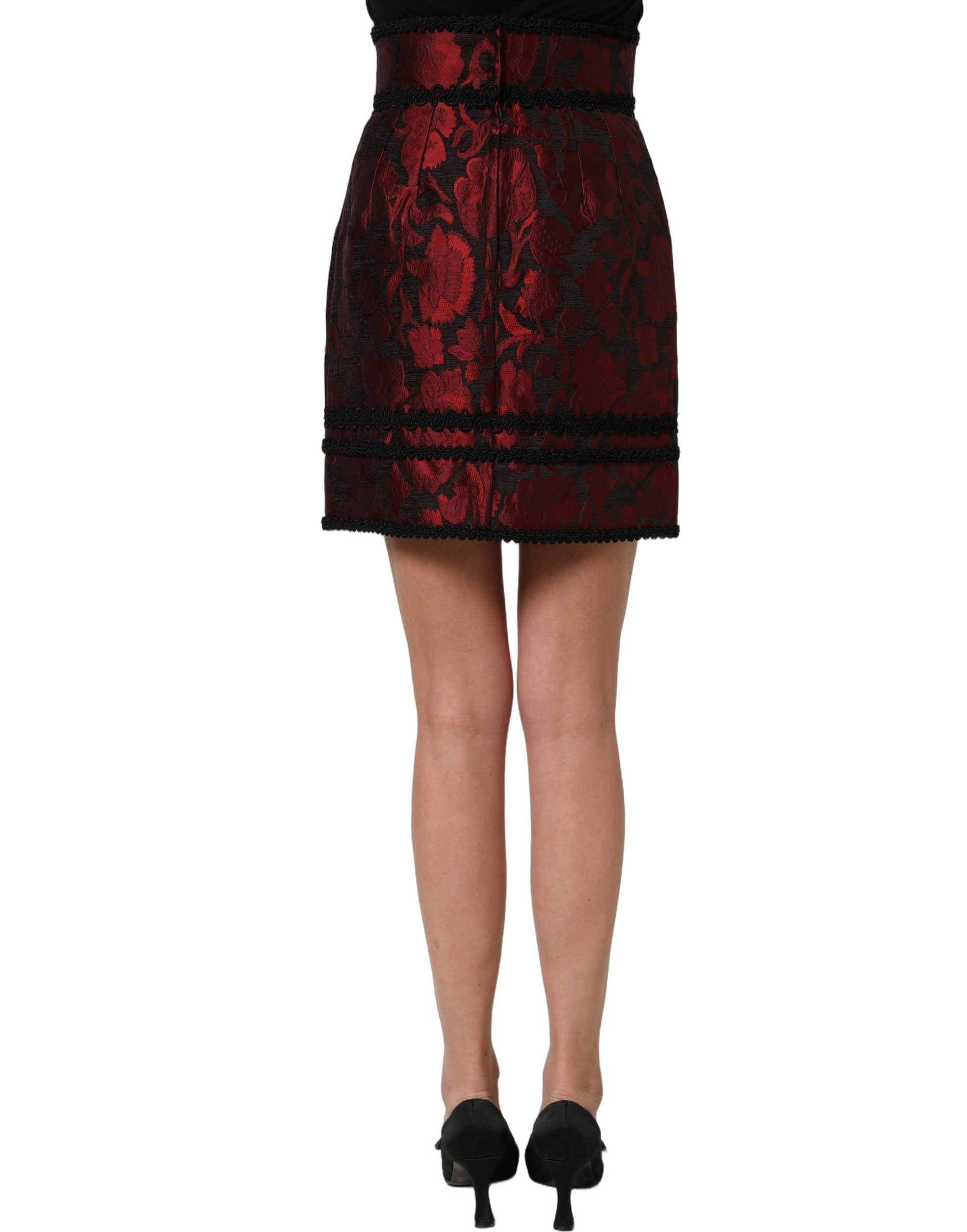 Dolce & Gabbana Red Black Floral Lace Jacquard Mini Skirt