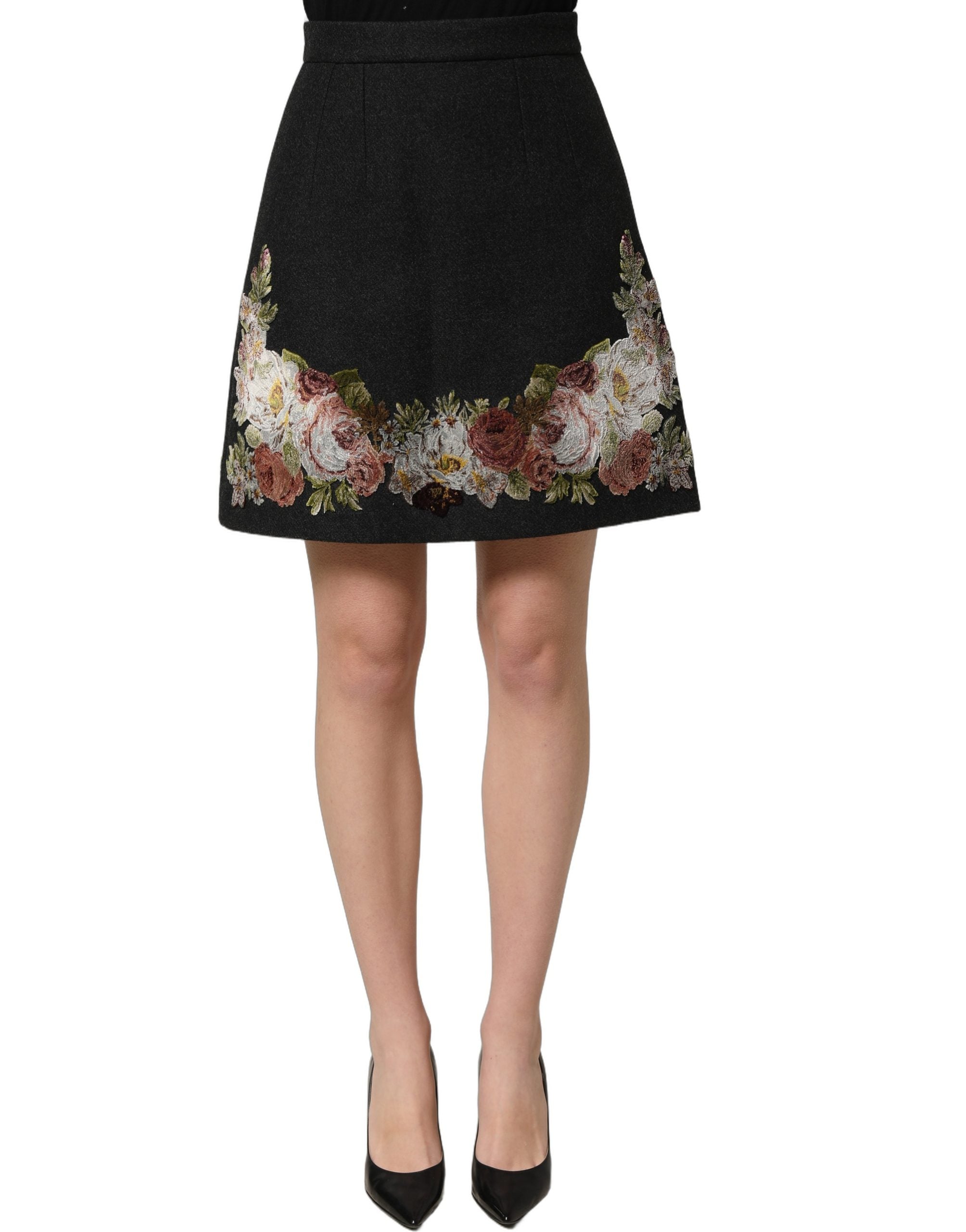 Dolce & Gabbana Black Floral Macramé High Waist A-line Skirt