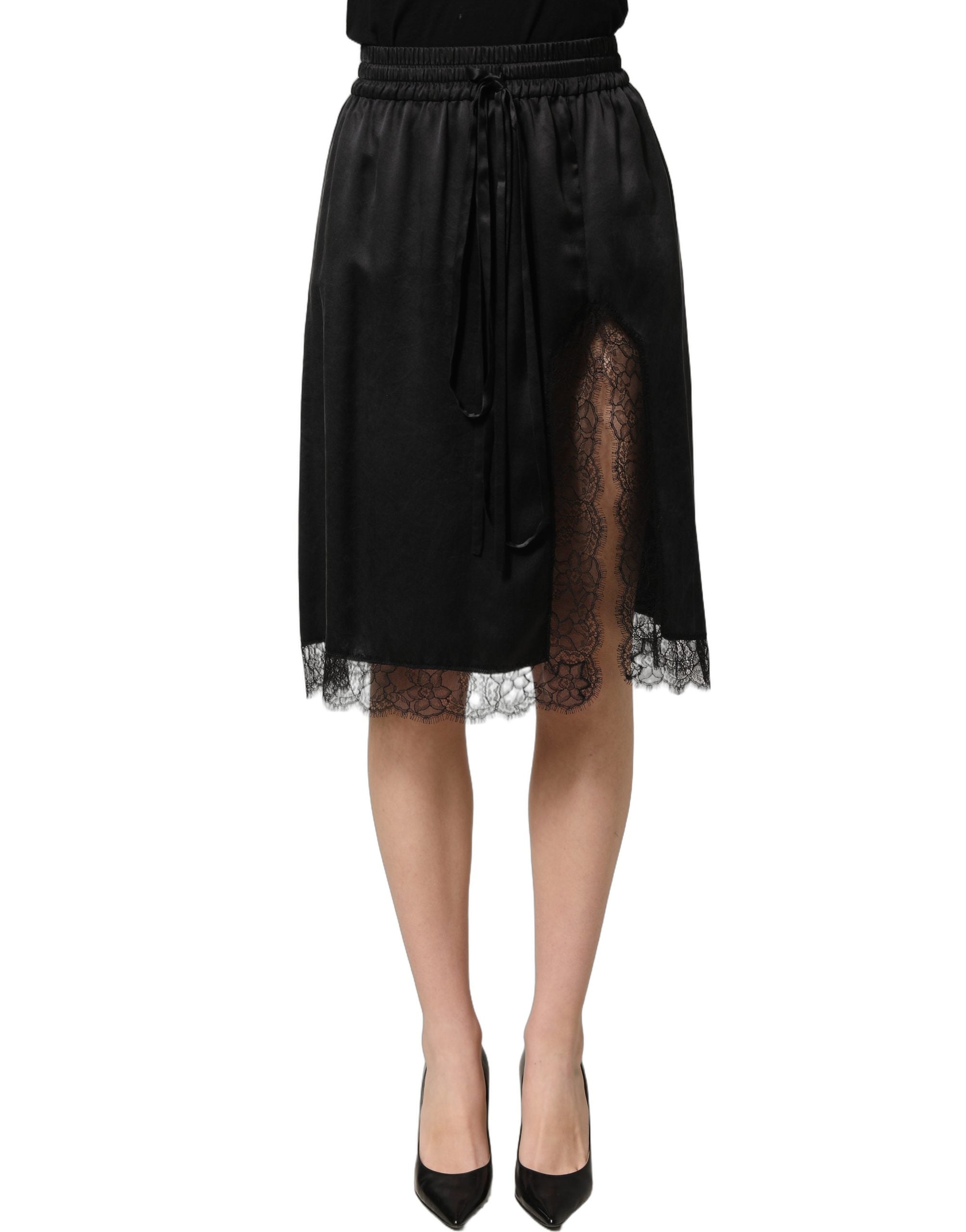 Dolce & Gabbana Black Lace Trimmed Satin Side Slit Skirt
