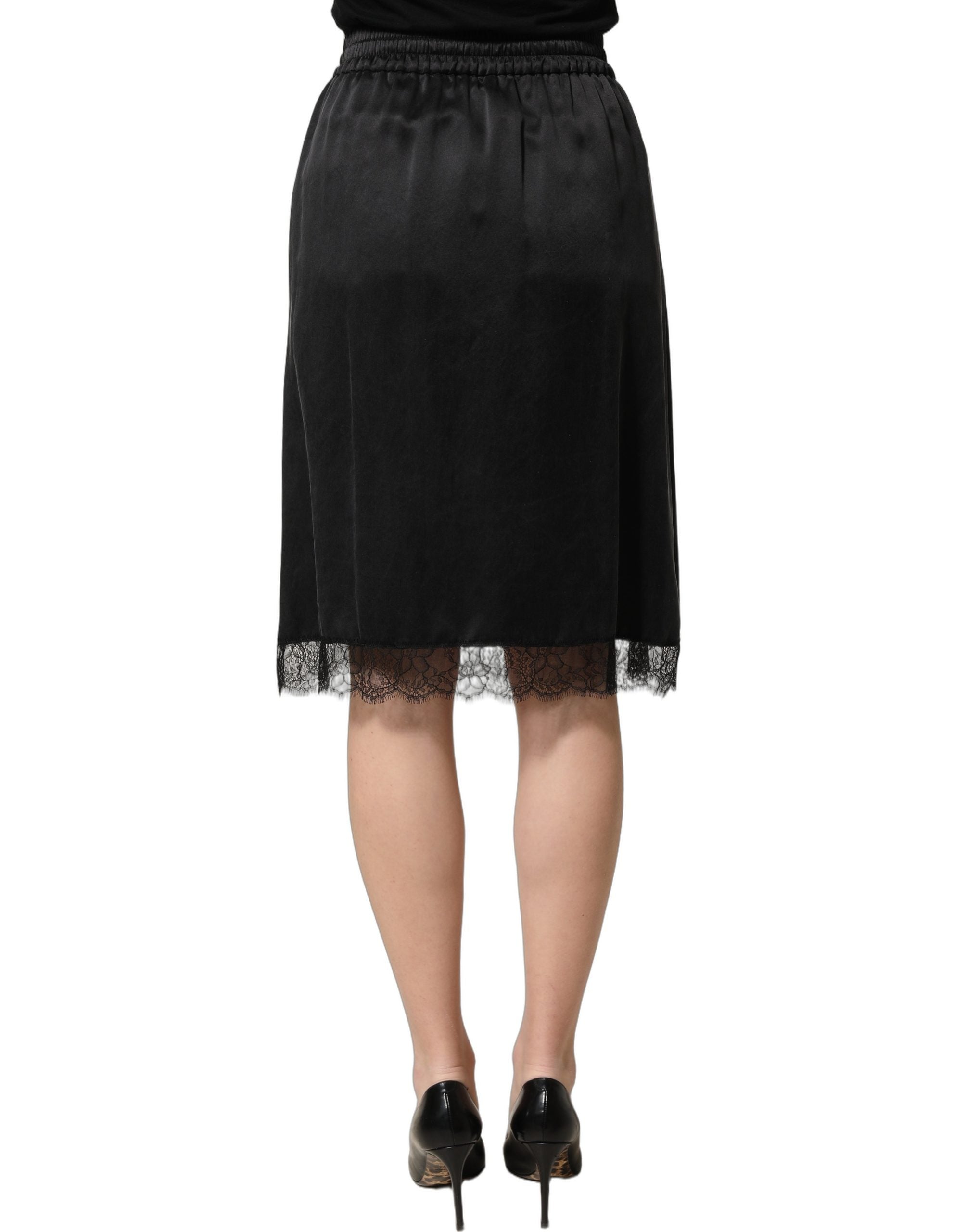 Dolce & Gabbana Black Lace Trimmed Satin Side Slit Skirt