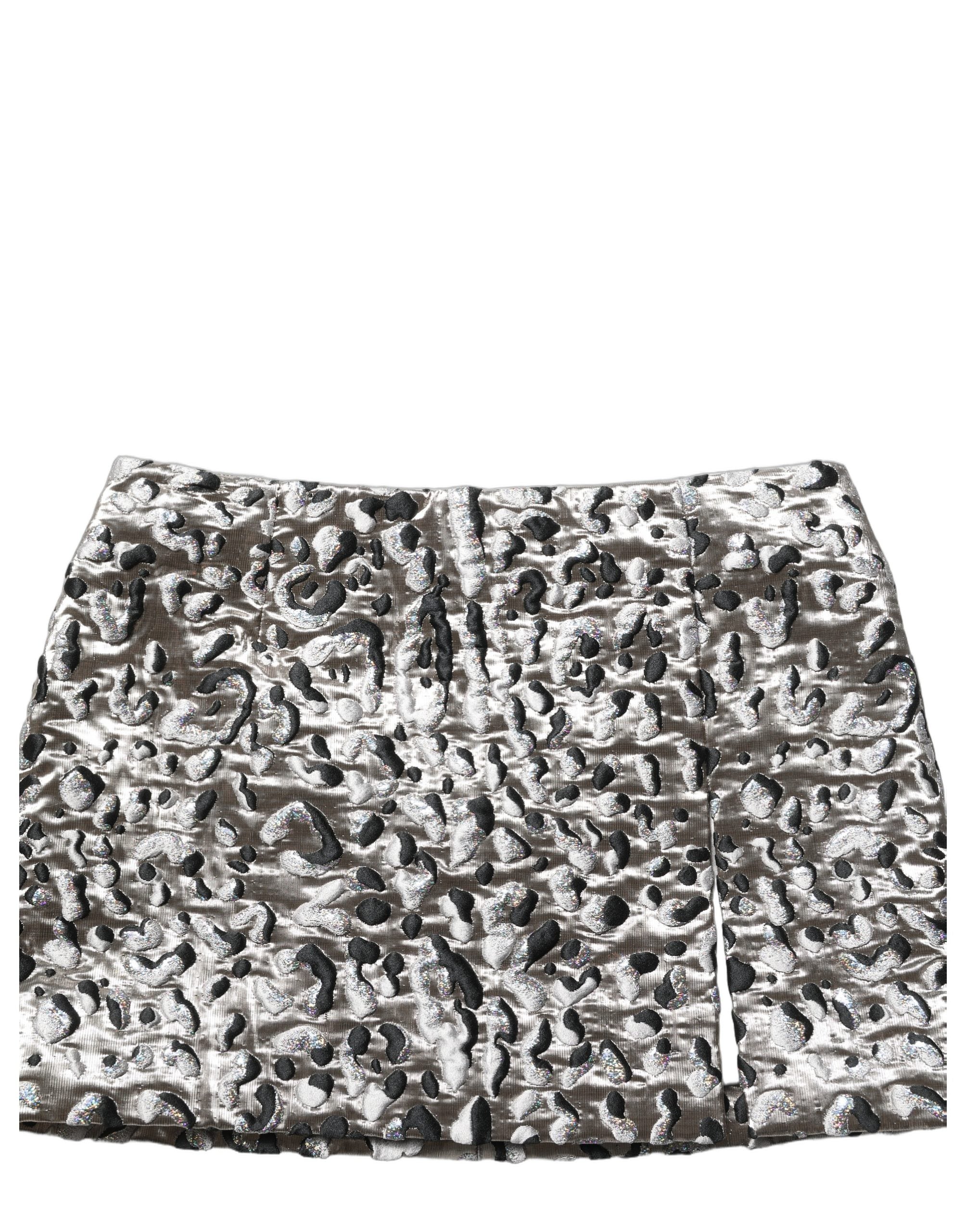Dolce & Gabbana Silver Leopard Jacquard Mid Waist Mini Skirt