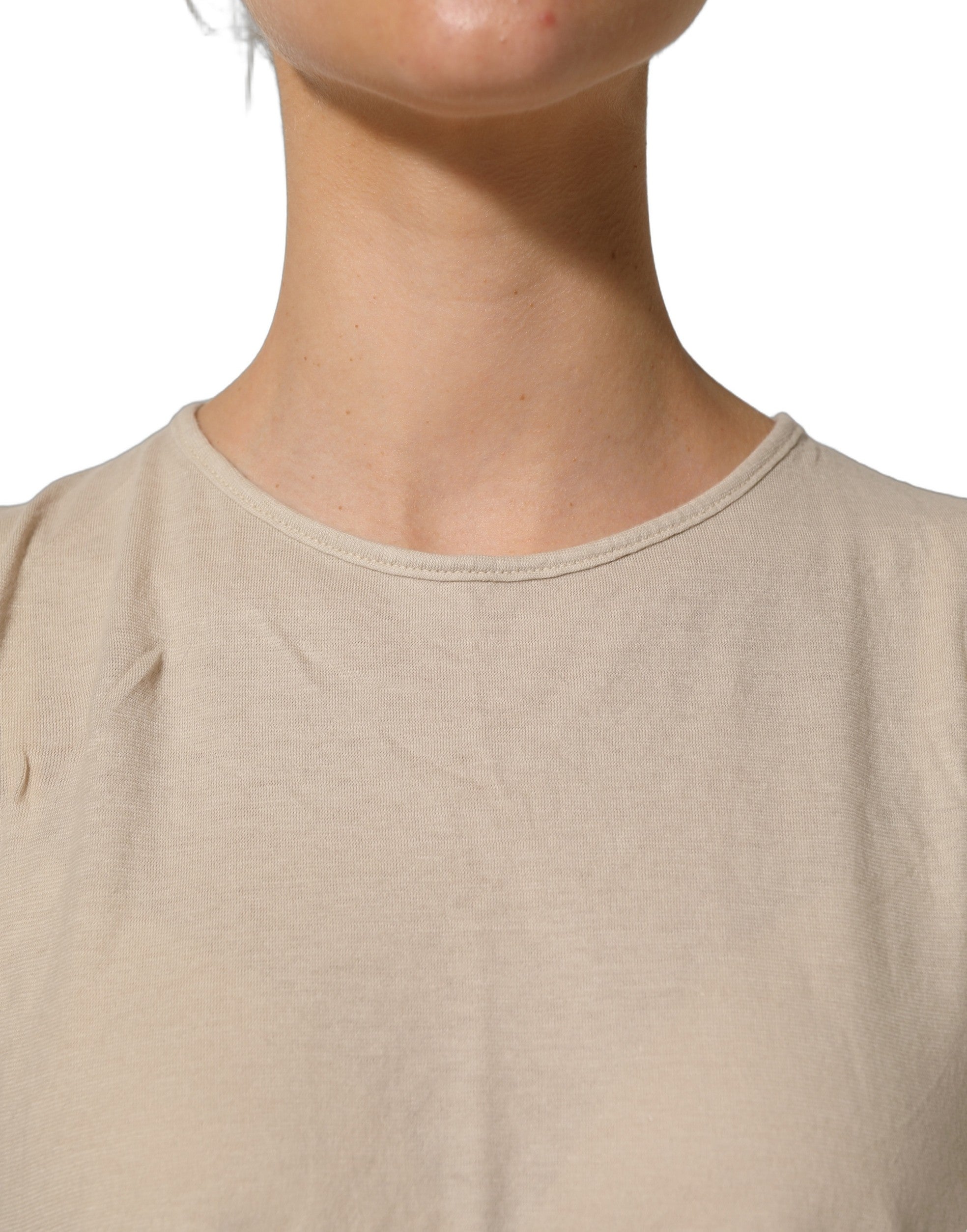 PINK MEMORIES Beige Cotton Lace Detailing Round Neck Top