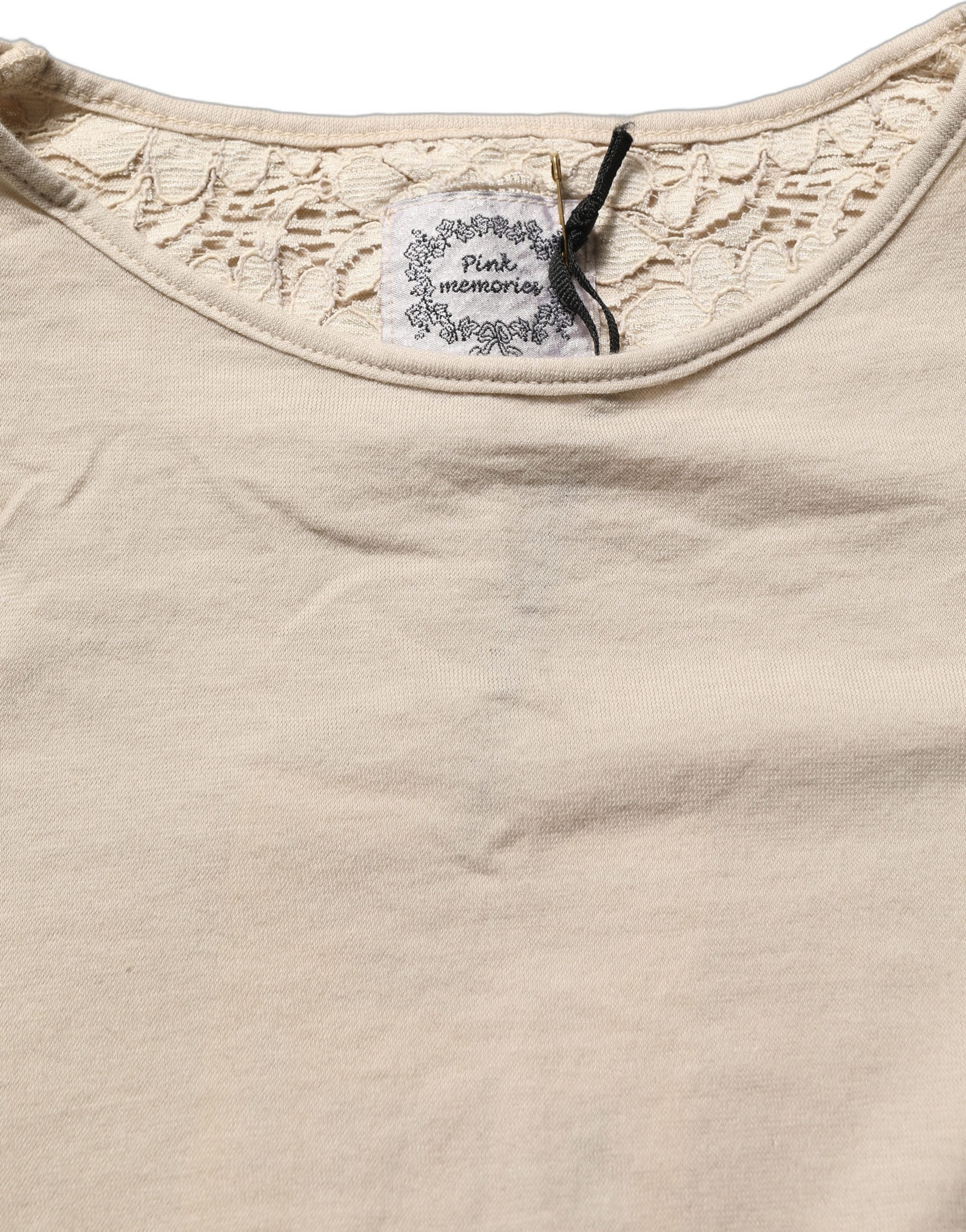 PINK MEMORIES Beige Cotton Lace Detailing Round Neck Top