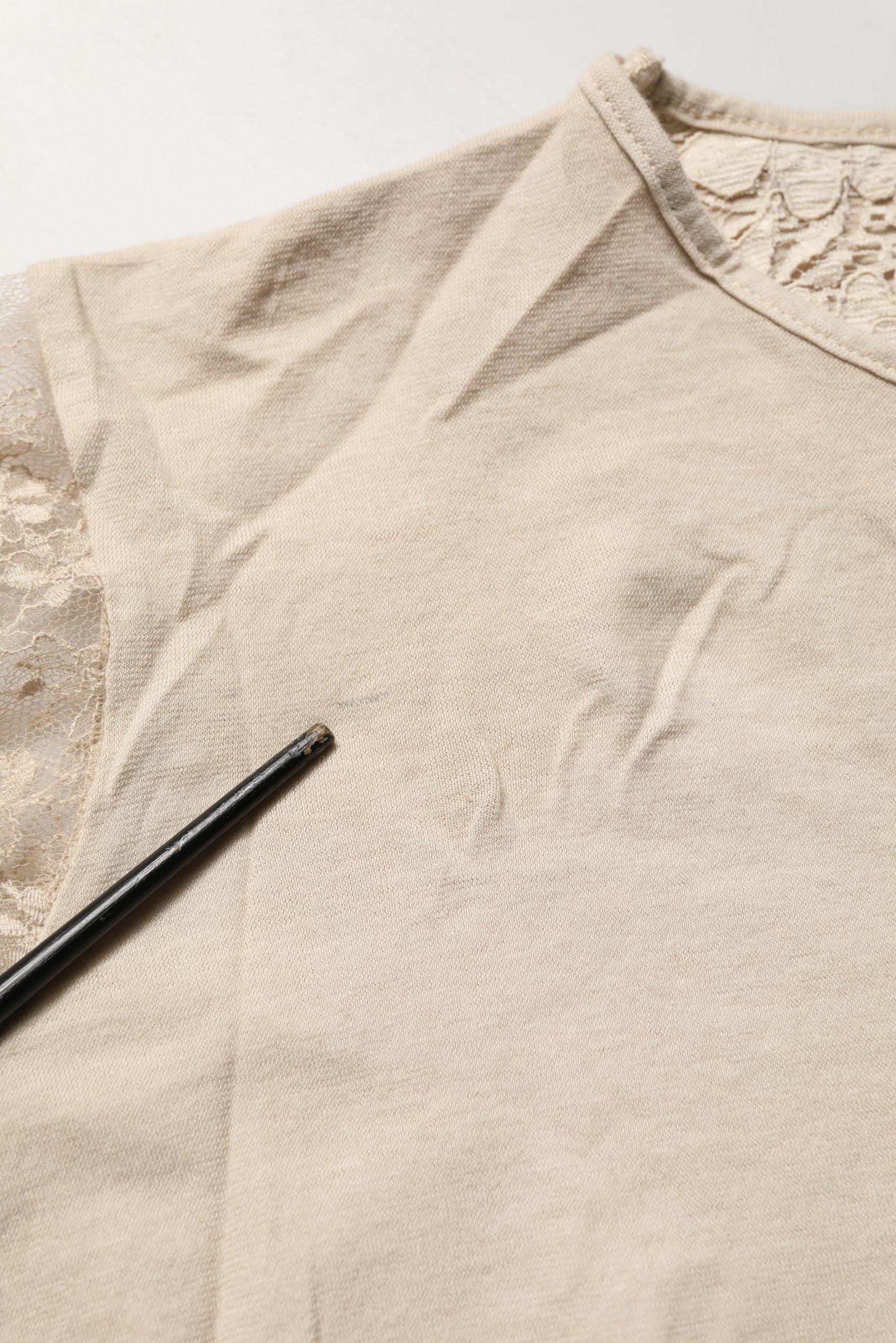 PINK MEMORIES Beige Cotton Lace Detailing Round Neck Top