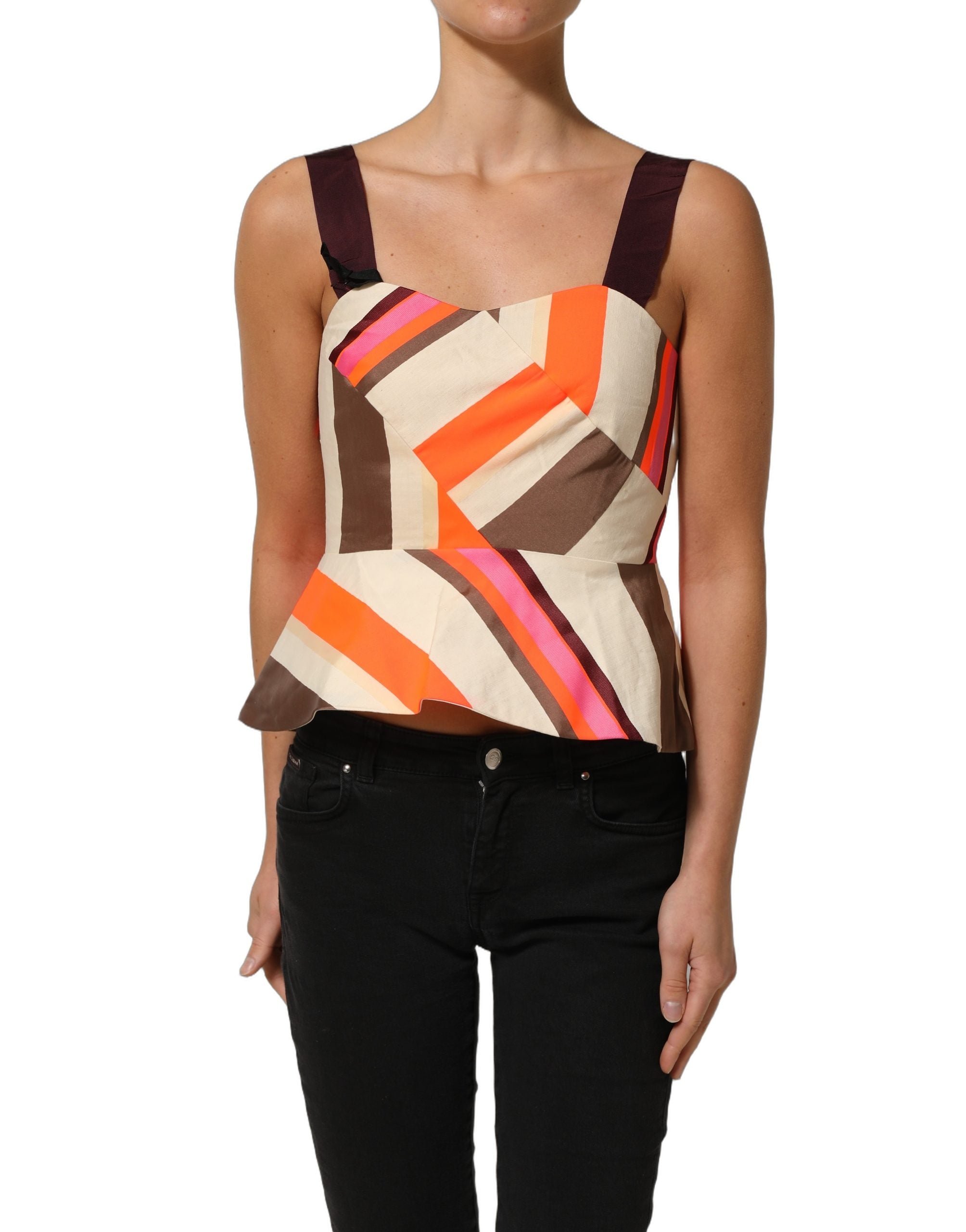 PINKO Multicolor Striped Cotton Sleeveless Draped Peplum Top