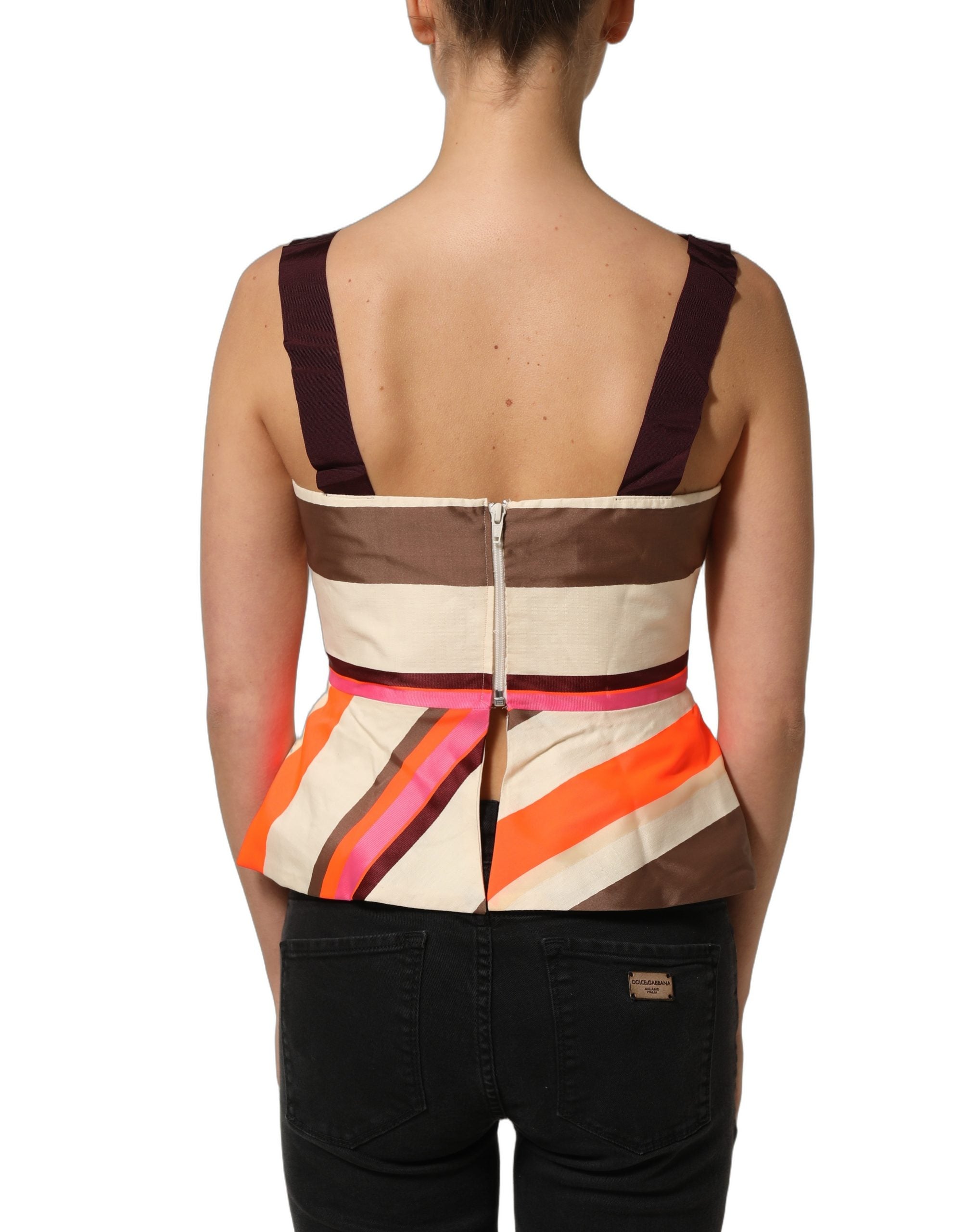 PINKO Multicolor Striped Cotton Sleeveless Draped Peplum Top