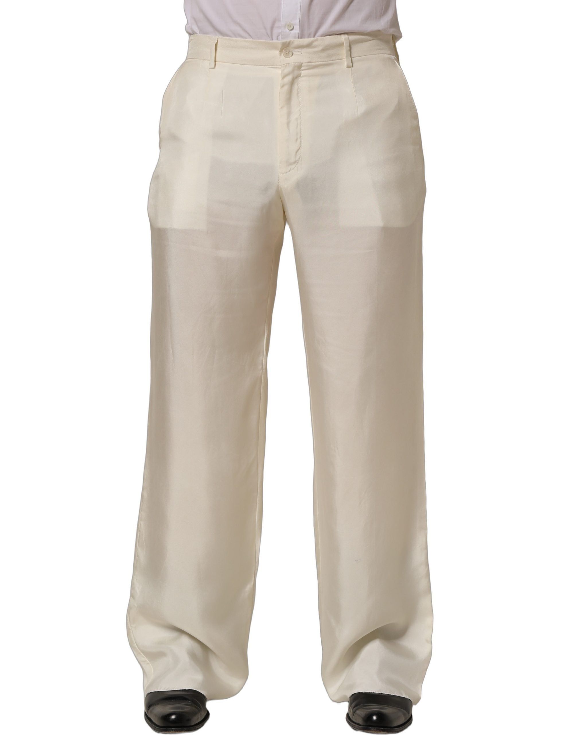 Dolce & Gabbana Off White Silk Straight Wide Leg Trouser Pants