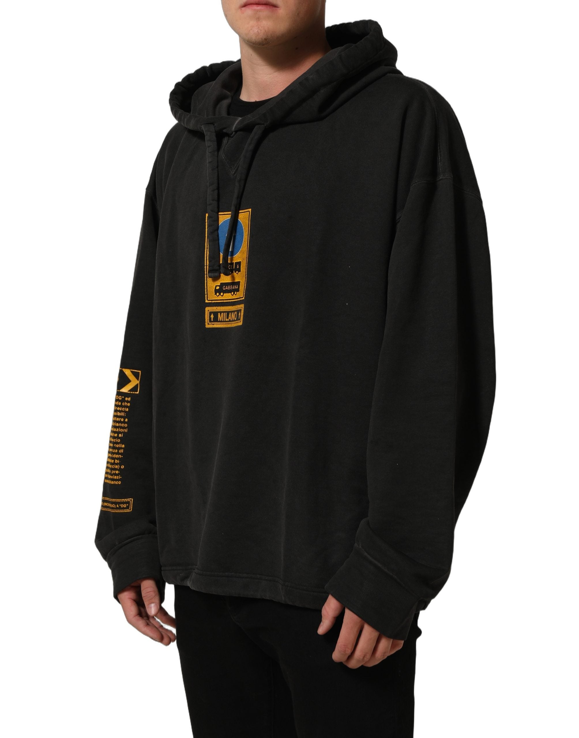 Dolce & Gabbana Black Cotton Logo Hooded Oversize Sweater