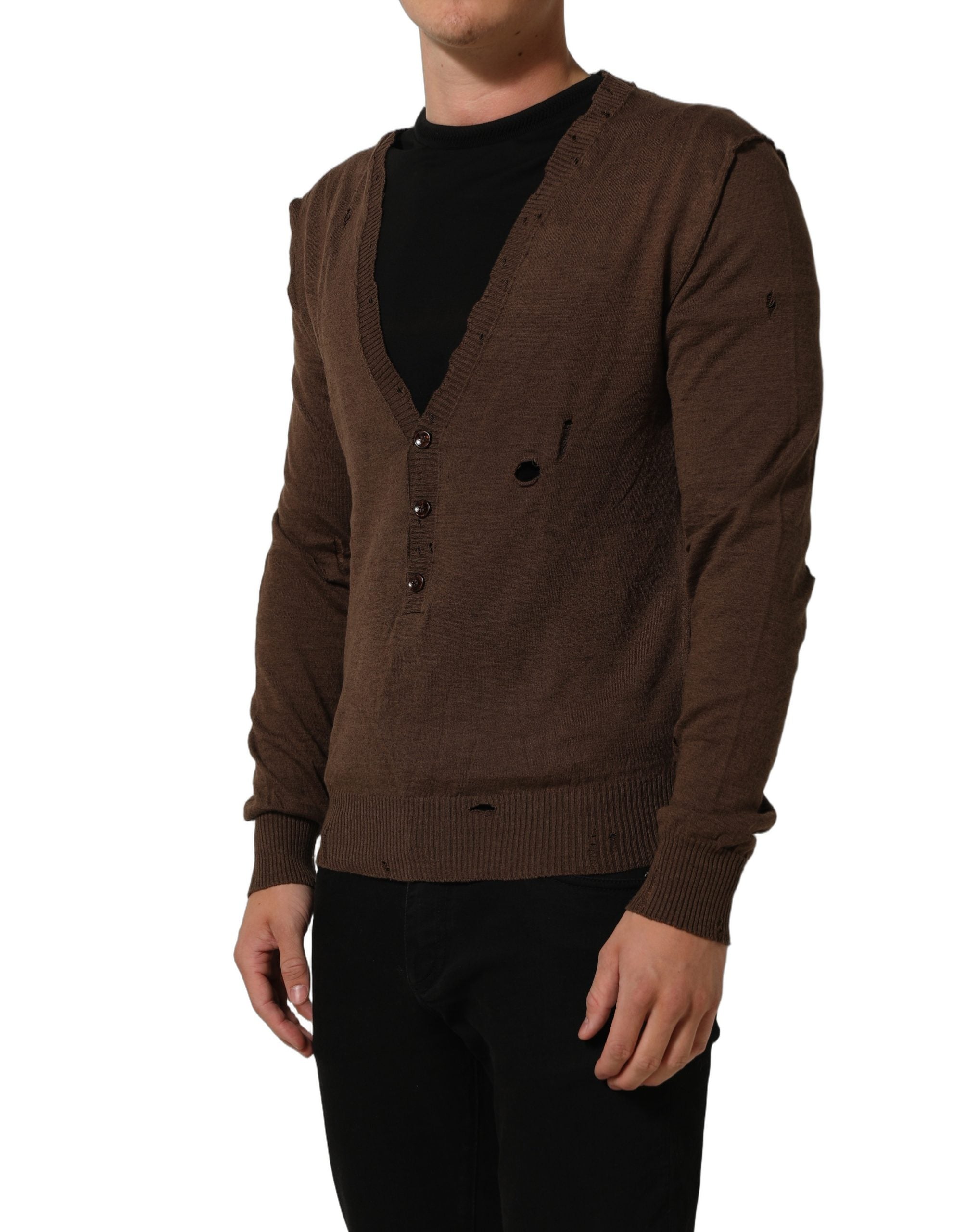 Dolce & Gabbana Brown Flax Buttoned V-neck Pullover Sweater