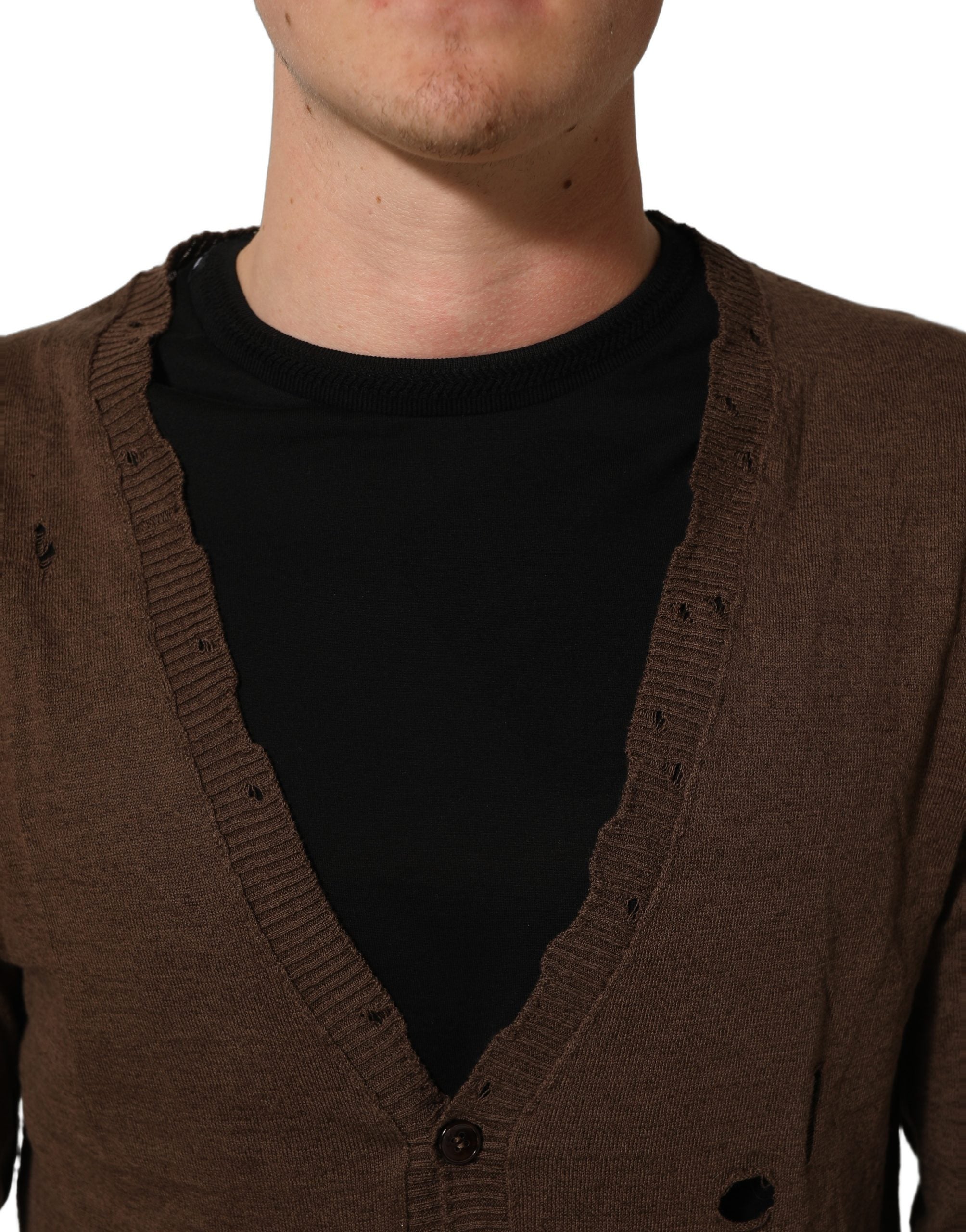 Dolce & Gabbana Brown Flax Buttoned V-neck Pullover Sweater