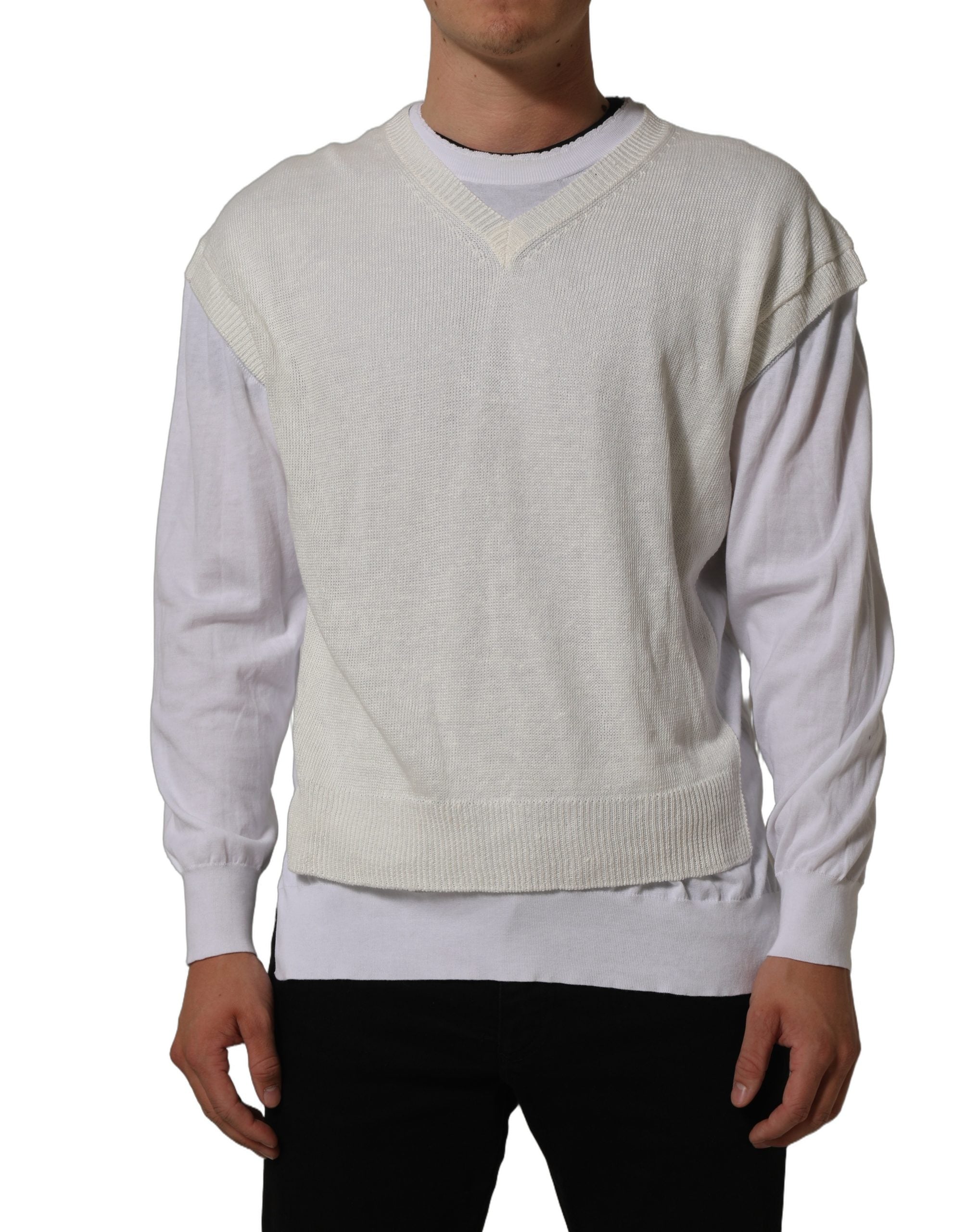 Dolce & Gabbana White Flax CrewNeck Layered Pullover Sweater