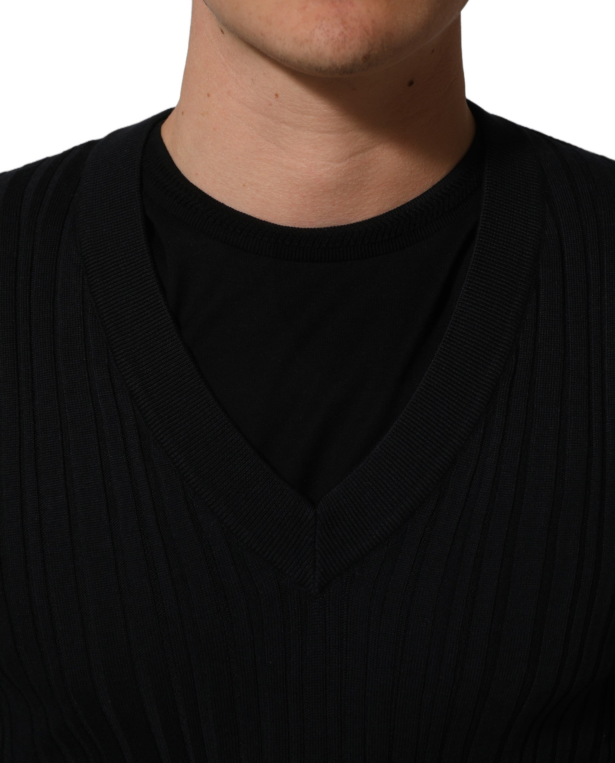 Dolce & Gabbana Black Silk Blend V-neck Pullover Men Sweater