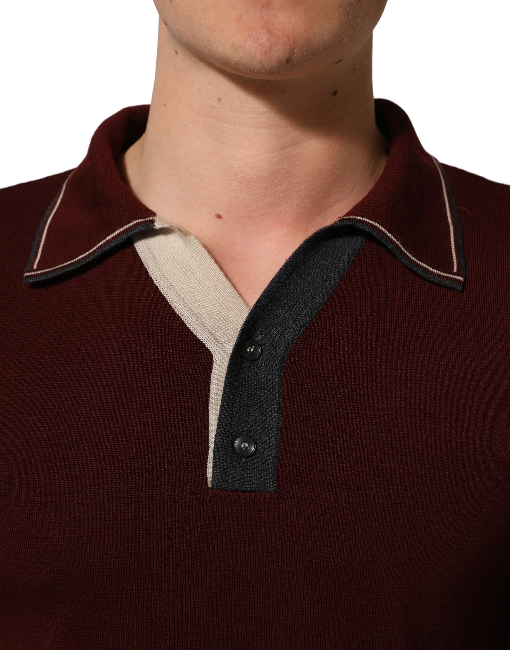Dolce & Gabbana Burgundy Wool Knit Henley Pullover Sweater