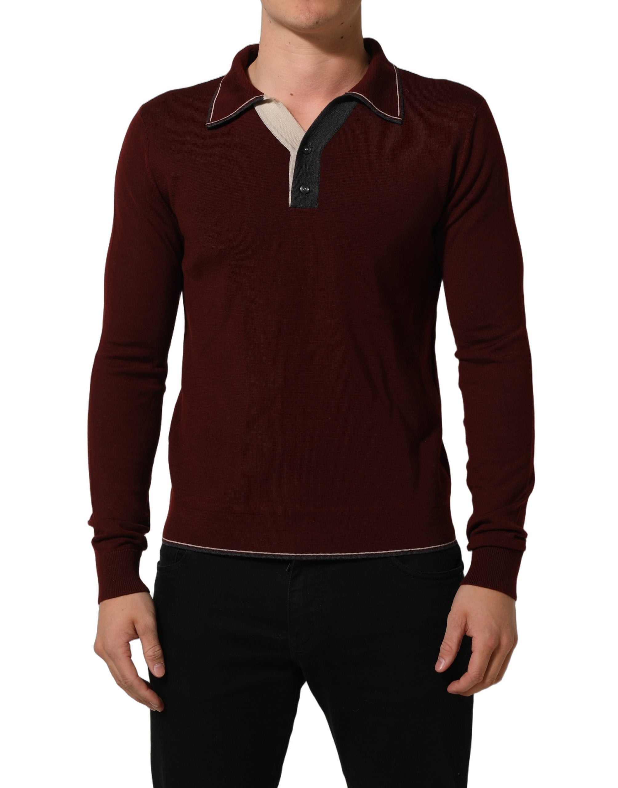 Dolce & Gabbana Burgundy Wool Knit Henley Pullover Sweater